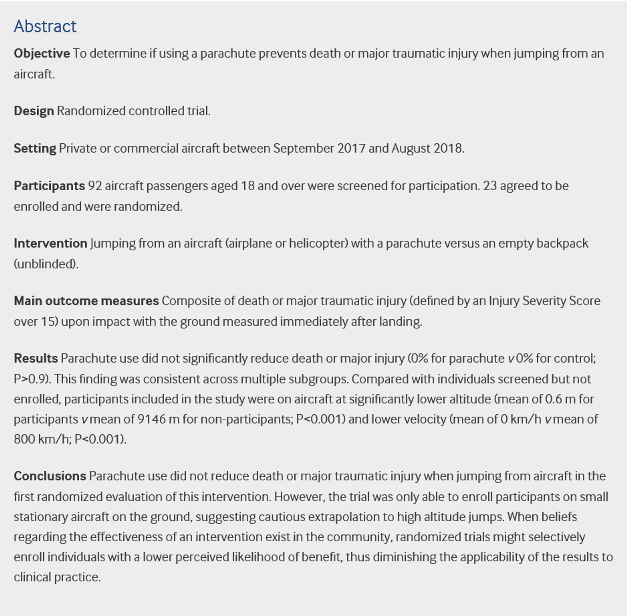 A screenshot of the introductory material to a paper describing a randomized controlled trial of parachutes from an elevation of 0.6m. https://www.bmj.com/content/363/bmj.k5094