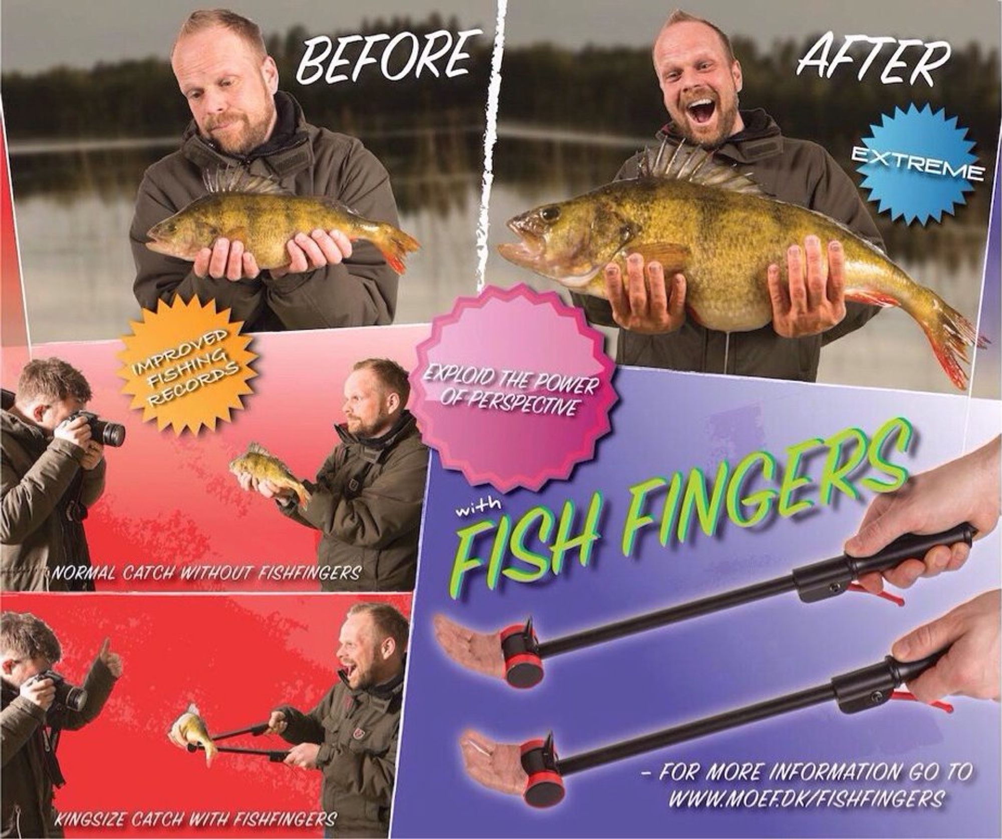 A picture of a commercial product that uses false perspective to make a fish caught by an angler seem much larger than it really is.