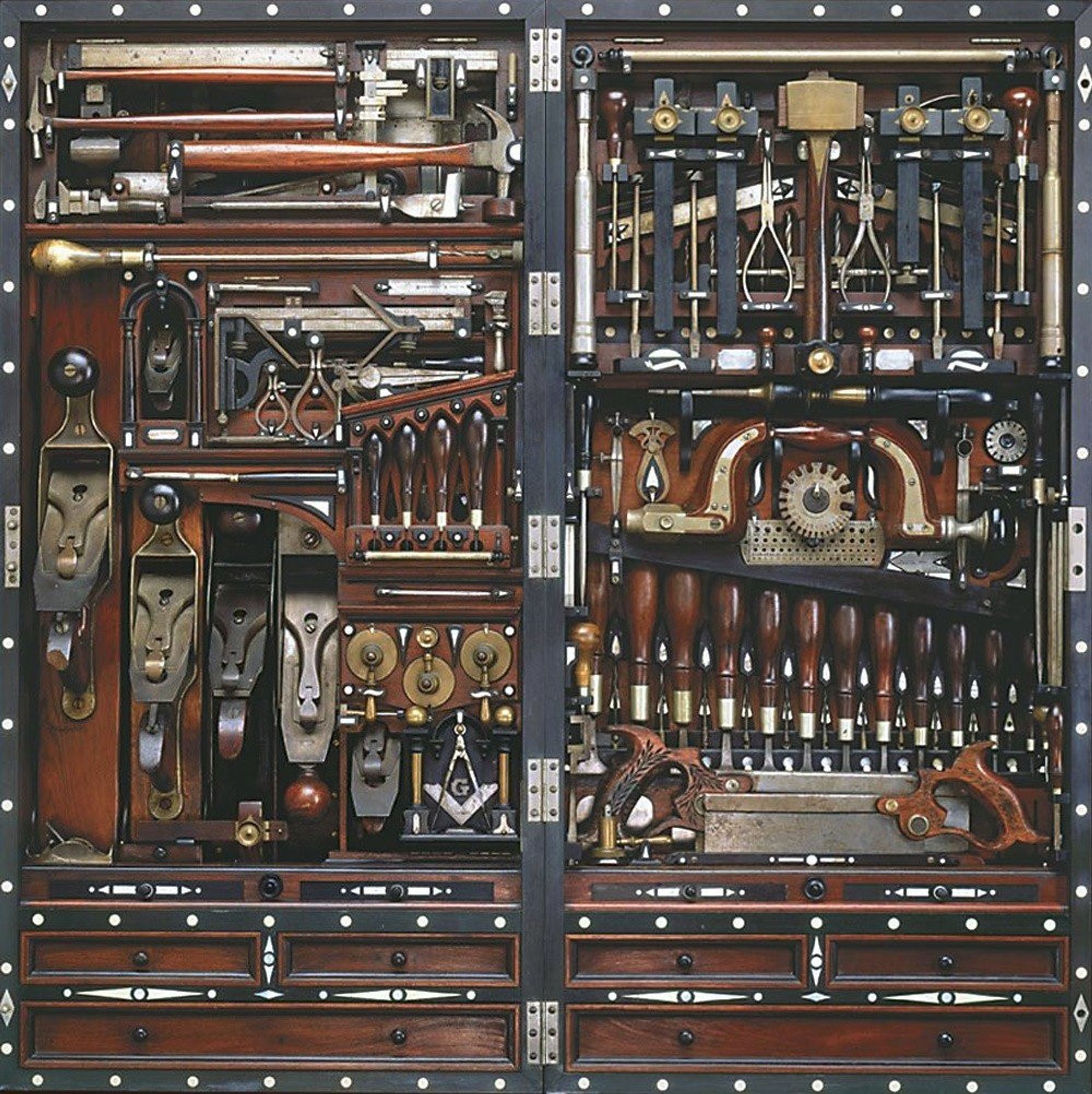 A picture of an ornate woodworker's toolchest.