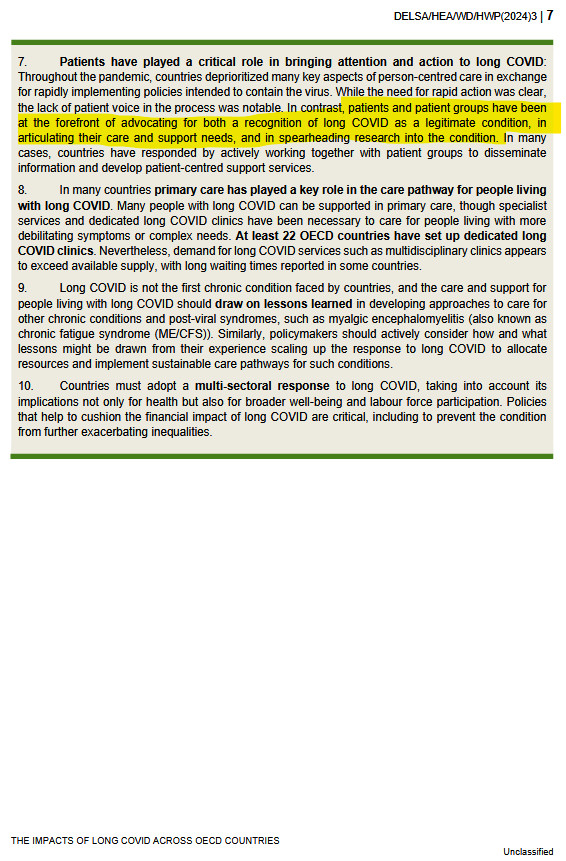 5. The economic and social welfare costs of long COVID are dramatic: Even excluding the direct costs of health care, long COVID is likely costing OECD countries as much as $864 billion $1.04 trillion USD per year due to reductions in quality of life and labour force participation. The limitations in activities experienced by long COVID patients, including dropping out or reducing their participation in the labour force, as well as direct medical care costs, can have dramatic implications on their financial well-being. Costs to health and social protection systems may also be high over time.  
6. Long COVID could further exacerbate inequalities: The COVID-19 pandemic brought attention to longstanding socioeconomic and demographic inequalities in health. Evidence from some countries suggests that certain groups – including populations with lower education attainment, and those living in more deprived areas – may be at risk of developing long COVID, and of experiencing more severe symptoms.
7. Patients have played a critical role in bringing attention and action to long COVID: Throughout the pandemic, countries deprioritized many key aspects of person-centred care in exchange for rapidly implementing policies intended to contain the virus. While the need for rapid action was clear, the lack of patient voice in the process was notable. In contrast, patients and patient groups have been at the forefront of advocating for both a recognition of long COVID as a legitimate condition, in articulating their care and support needs, and in spearheading research into the condition. In many cases, countries have responded by actively working together with patient groups to disseminate information and develop patient-centred support services.  
