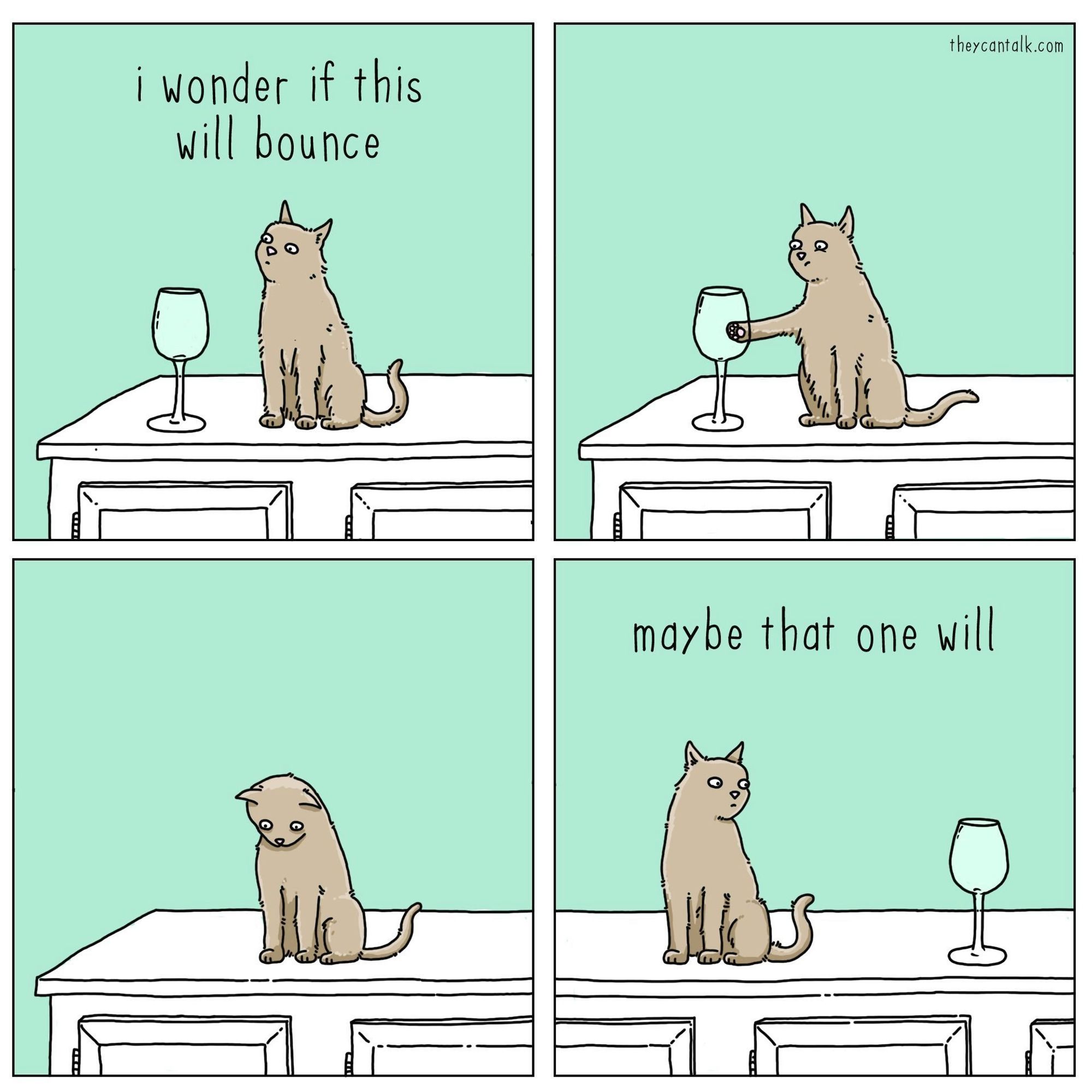 A picture of a cat pushing a wineglass off a shelf to see if it will bounce, and then repeating the action.