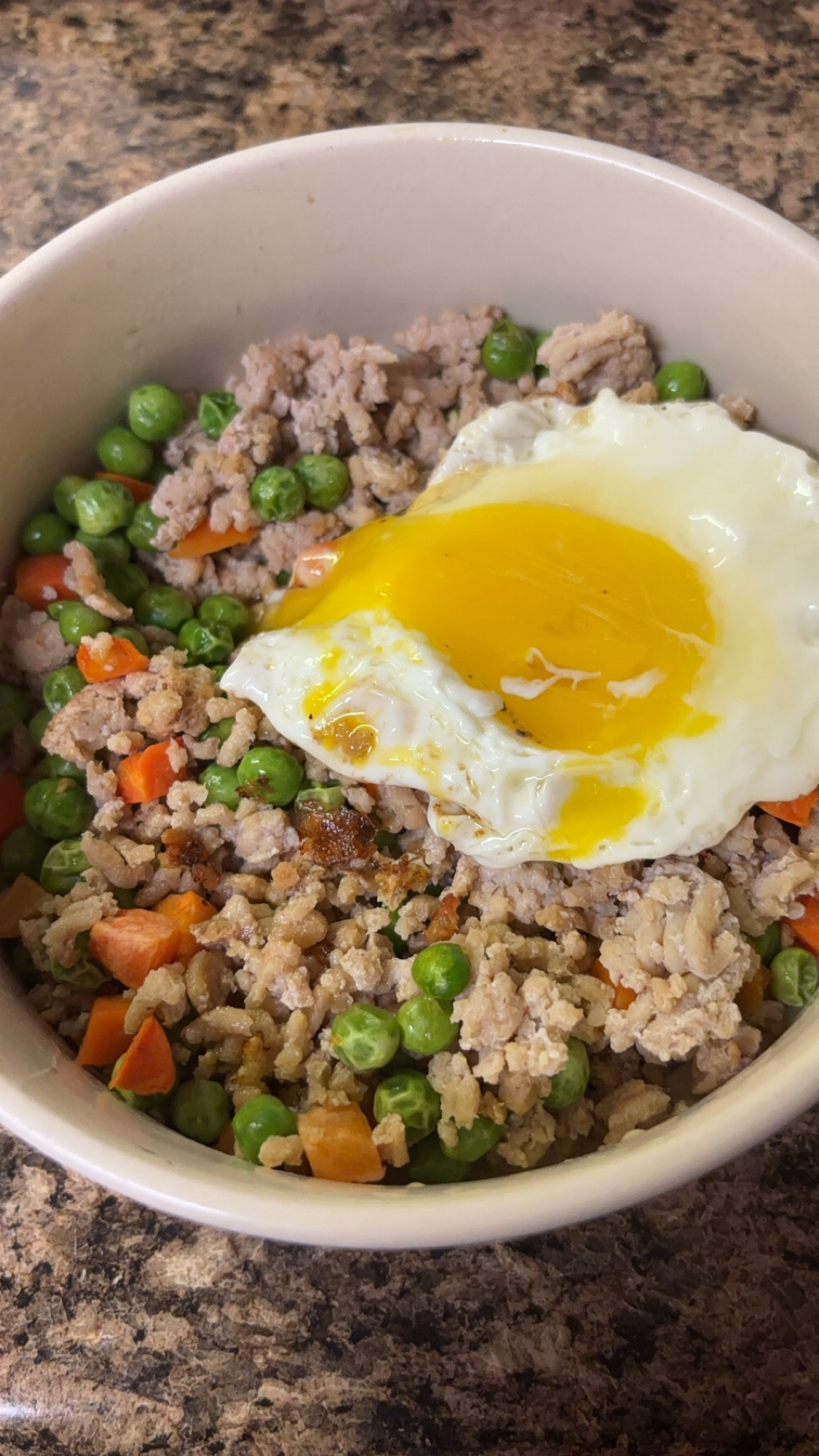 dog bowl filled with ground chicken, peas, and carrots topped with a sunny side up egg