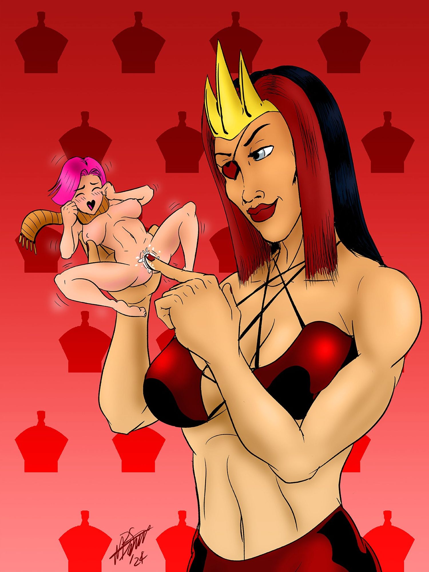 Jacqueline of One-Eyed Royal, holding Tiffany Ember in the palm of one hand, and teasing her pussy with the index finger of her other hand.