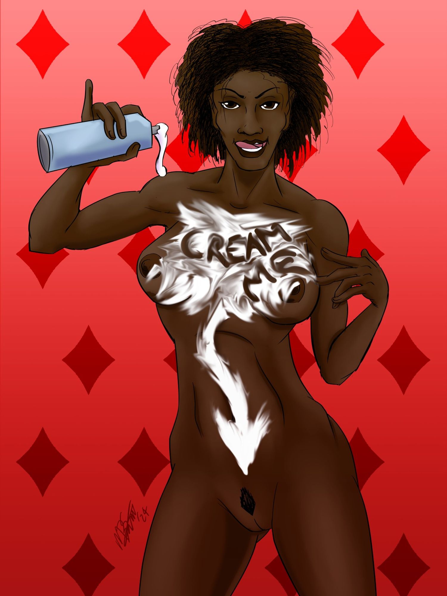 Dayimane from One-Eyed Royal, naked; she is posing with a can of whipped cream in one hand; the other hand is tracing the words "CREAM ME" in the whipped cream spread across her tits, with an arrow of cream running down her abs and pointing to her pussy.