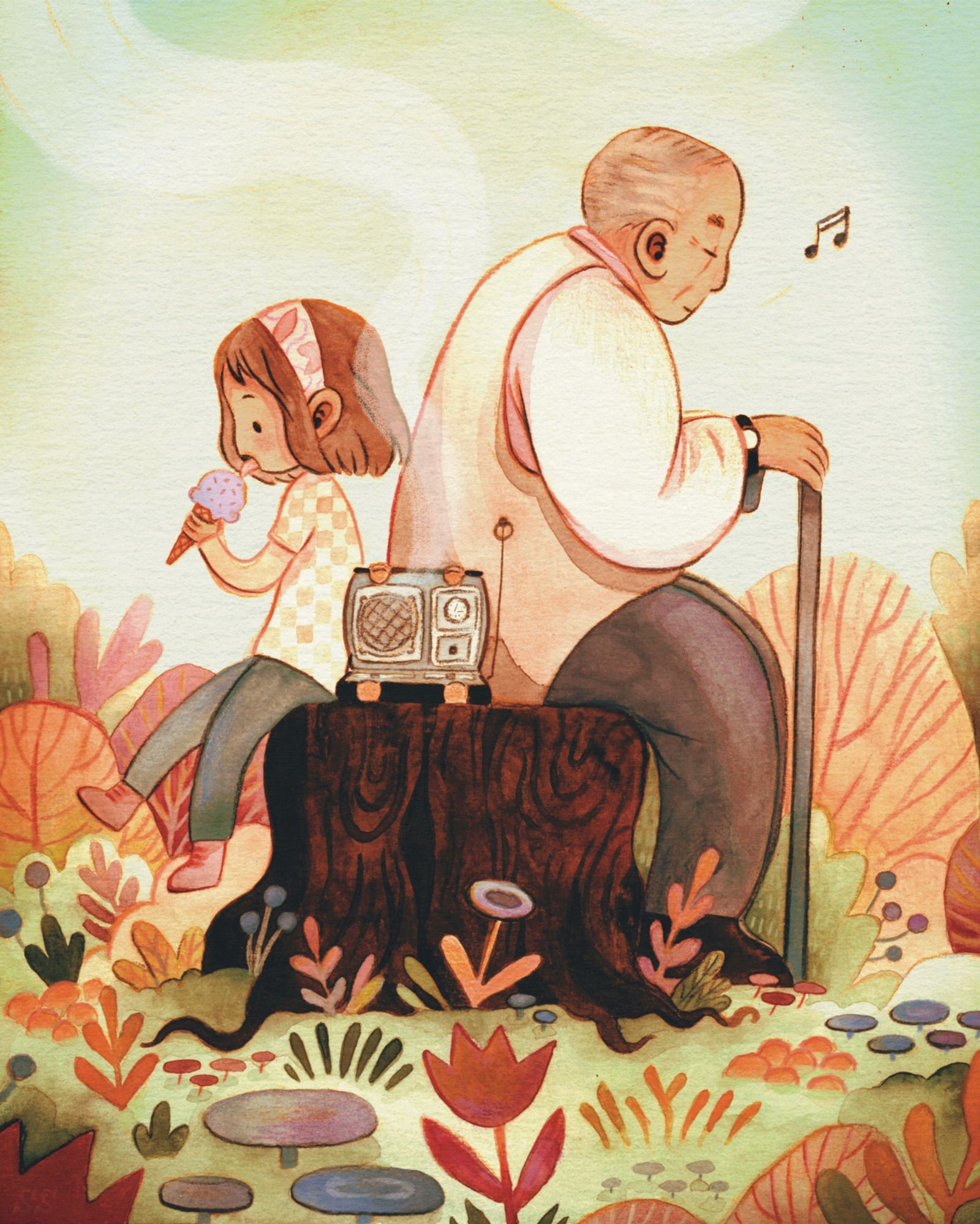 An illustration of a small girl wearing a checkered shirt and floral headband sitting with her grandpa (wearing a vest, collared shirt and holding a cane) on a tree stump surrounded by flowers and plants. They are listening to a small portable radio while she enjoys an ice cream cone.