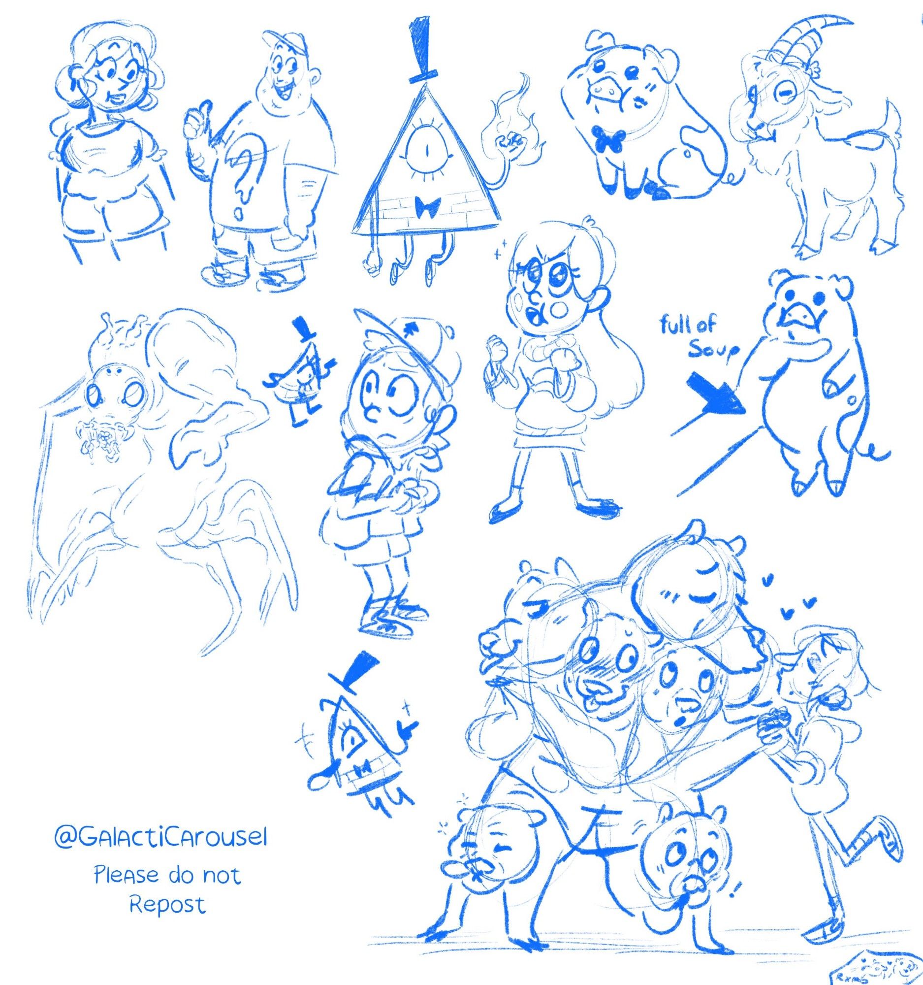 Sketch page done digitally of various characters from gravity falls, in blue. Characters include- Soos, the pines twins, multi-bear and robbie, Bill cipher, waddles, the shapeshifter, melody, and gompers