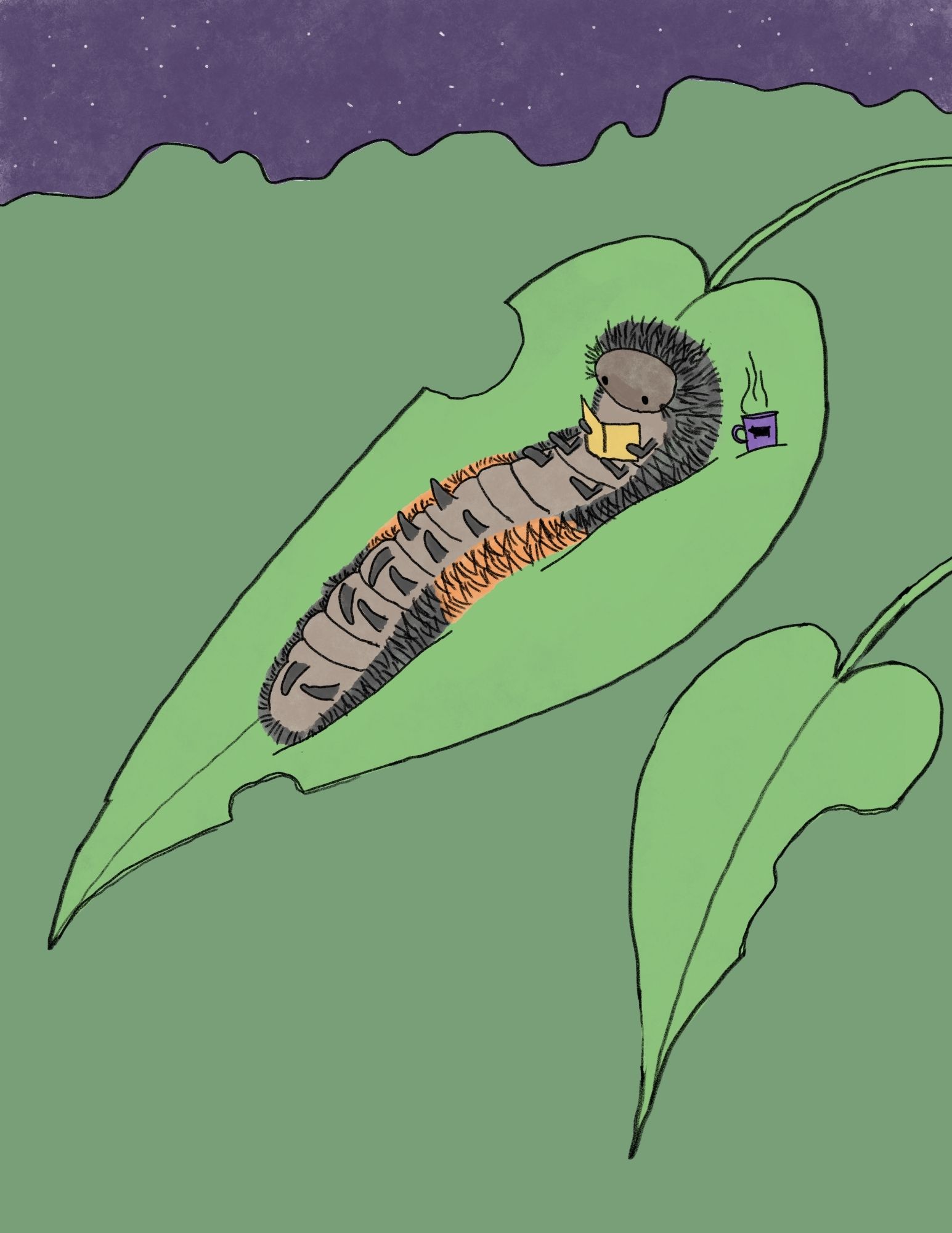 Color digital cartoony drawing of a black and orange fuzzy caterpillar laying on its back propped up reading a book. A cup of steaming liquid sits next to it. The caterpillar and mug are on a heart-shaped leaf that have some circular bits munched out of it.