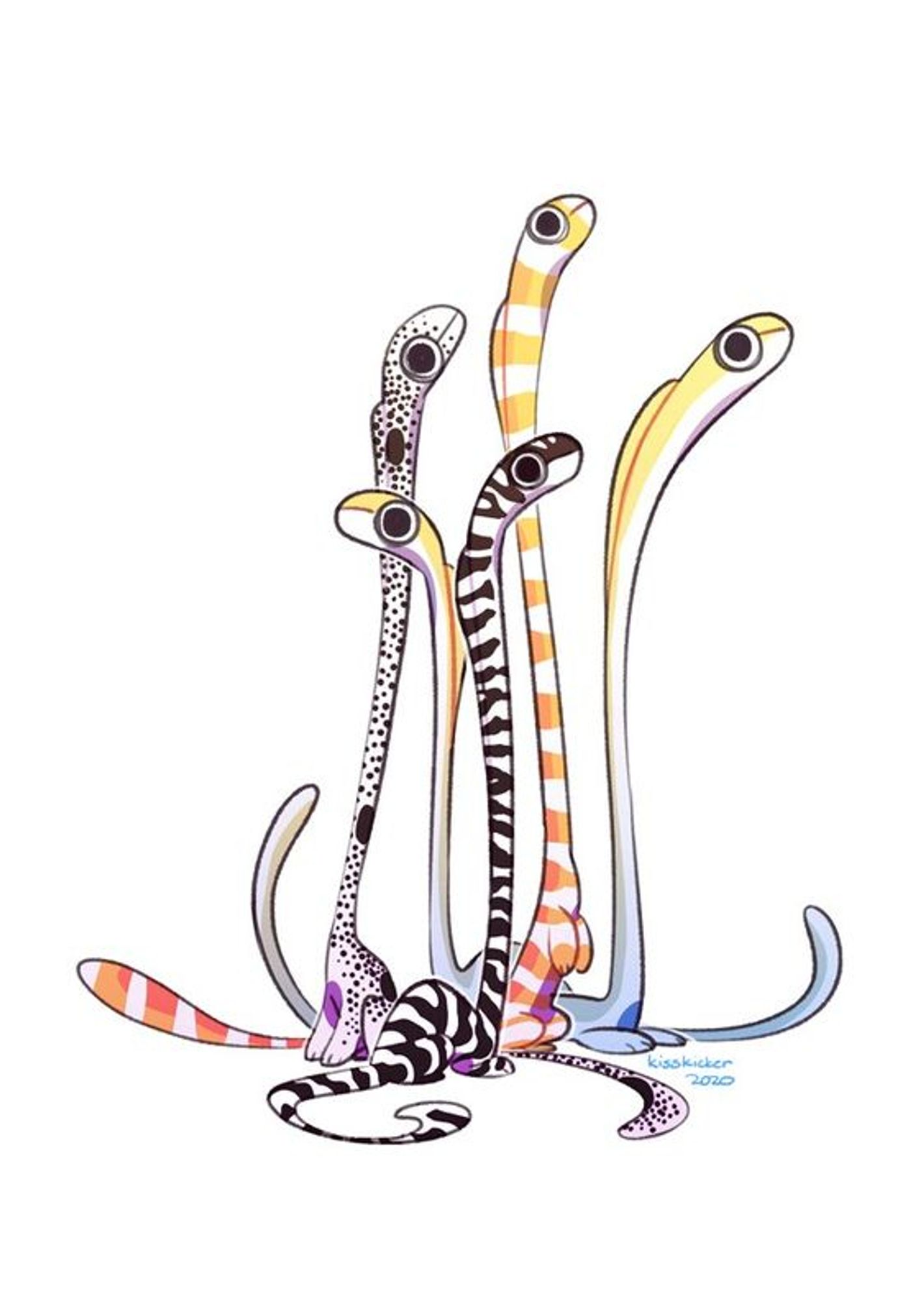 illustration of five adorable creatures with long necks, long fins on the back of their necks, big googly eyes, slits for mouths, long tails, and dog-like bodies. they look like a combination of garden eels up front and brontosauruses in back, with puppy gestures. one is yellow striped, black striped, black and purple spotted, and two are white and yellow solid.