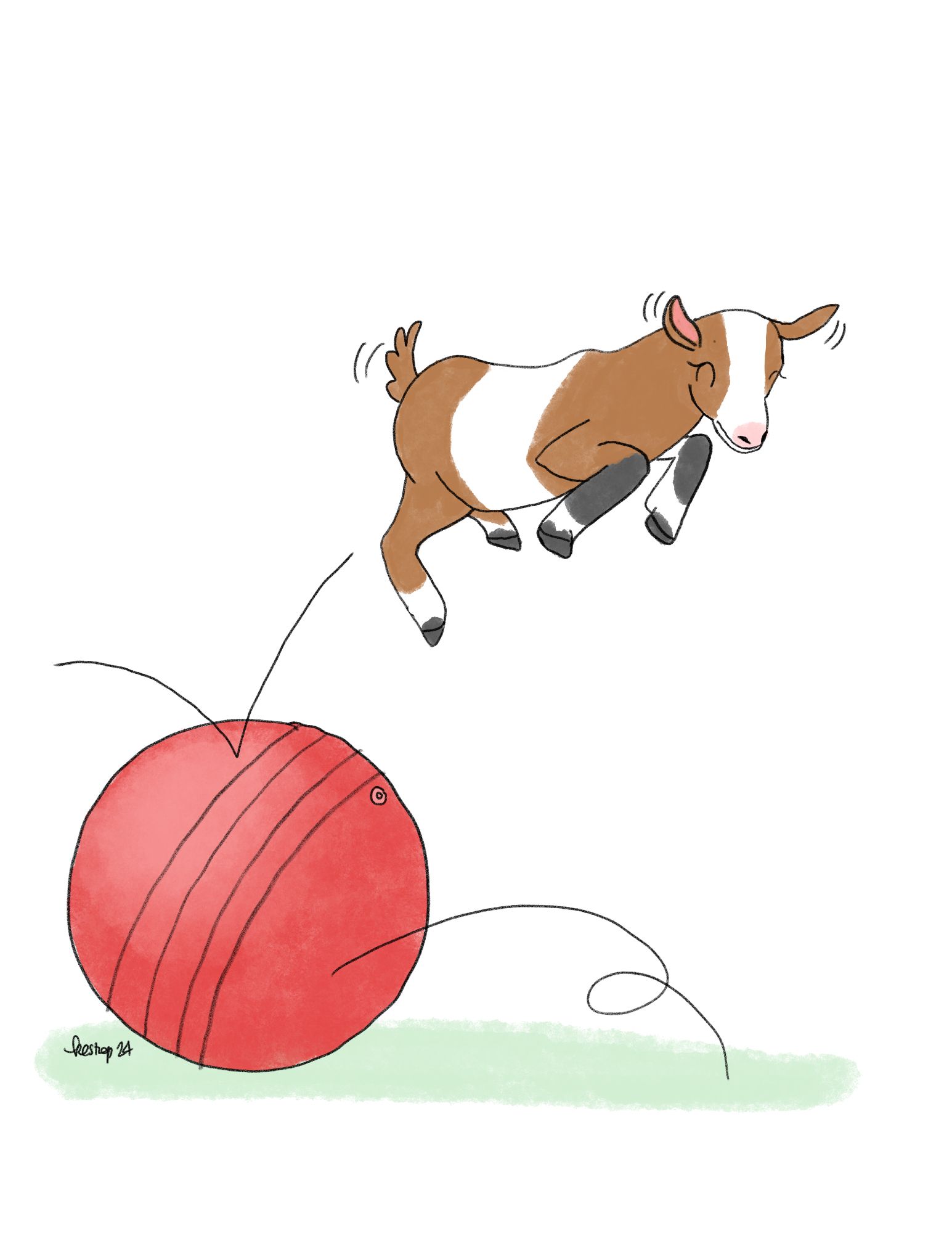 Digital illustration of a cartoony baby goat in the air having just bounced on top of a yoga ball. Her ears and tail are wiggling and her eyes are closed in delight.