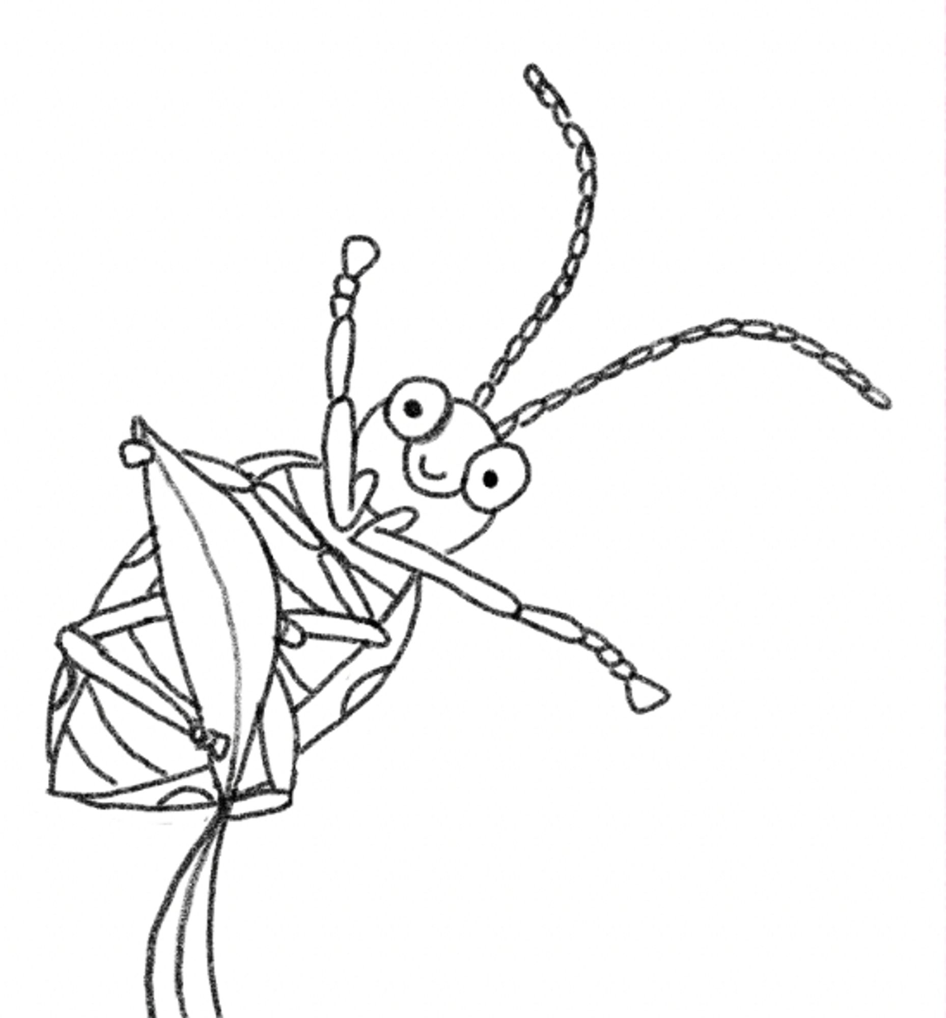 Pencil line drawing of a cartoon beetle at the end of a leaf. Its bottom four legs are on the leaf but its front two legs are in the air. Its facing us and it has a smile on its face, looking like it's cheering.