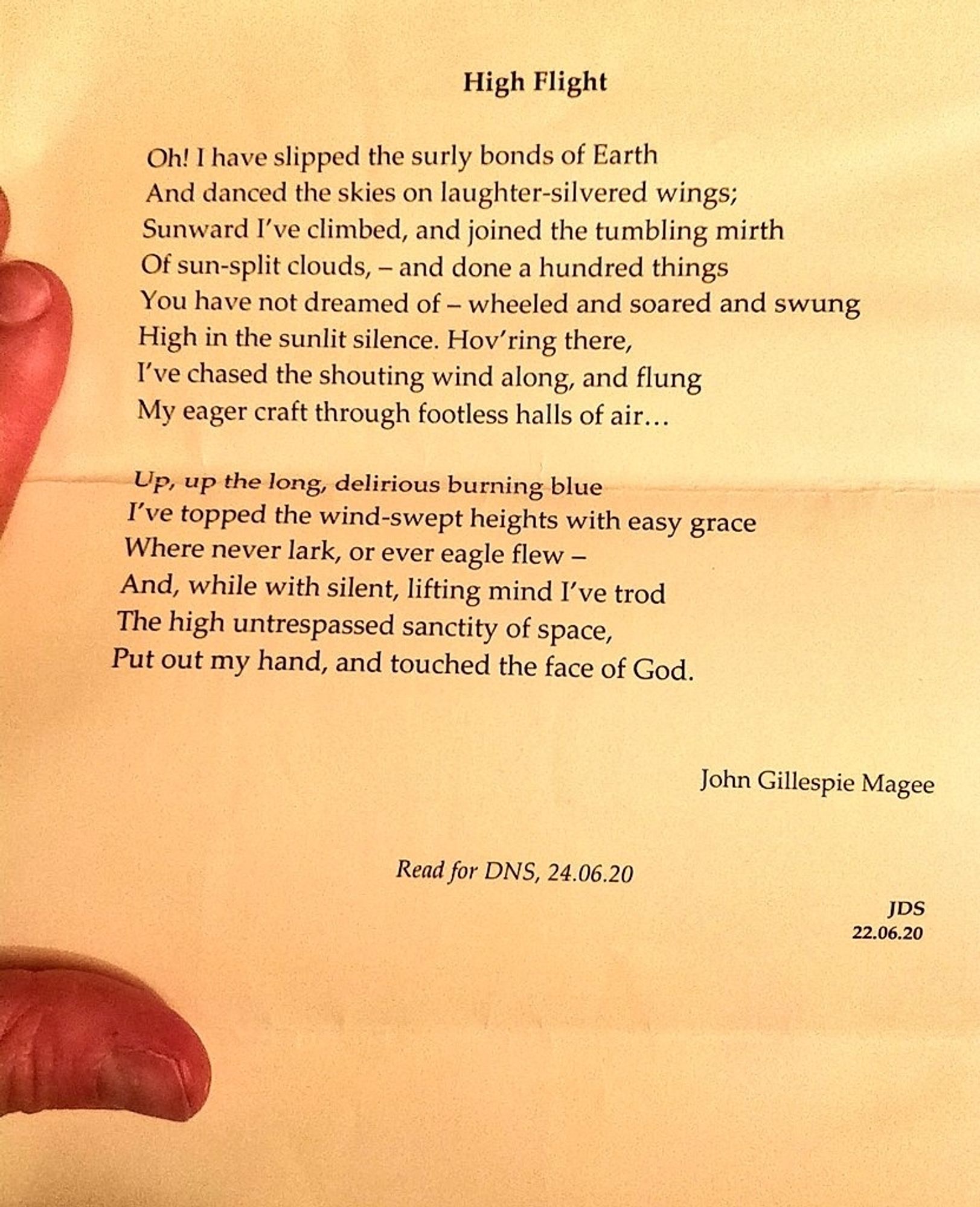 The poem "High Flight" by John Gillespie Magee, printed on ivory paper, which I read in memory of my grandfather at his funeral