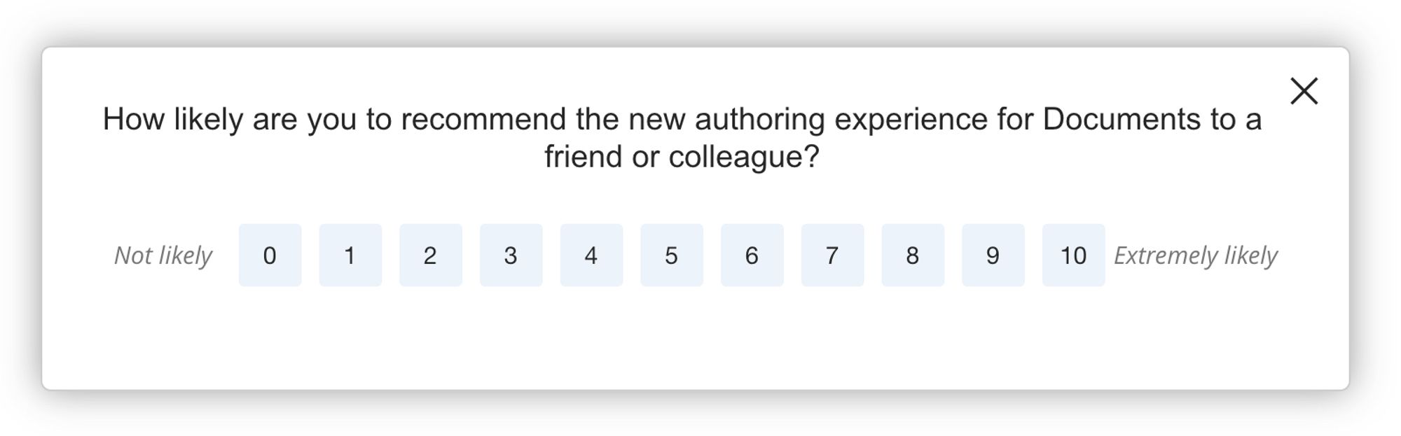 Picture shows a dialog box on the Blackboard VLE asking "How likely are you to recommend the new authoring experience for Documents to a friend or colleague?"