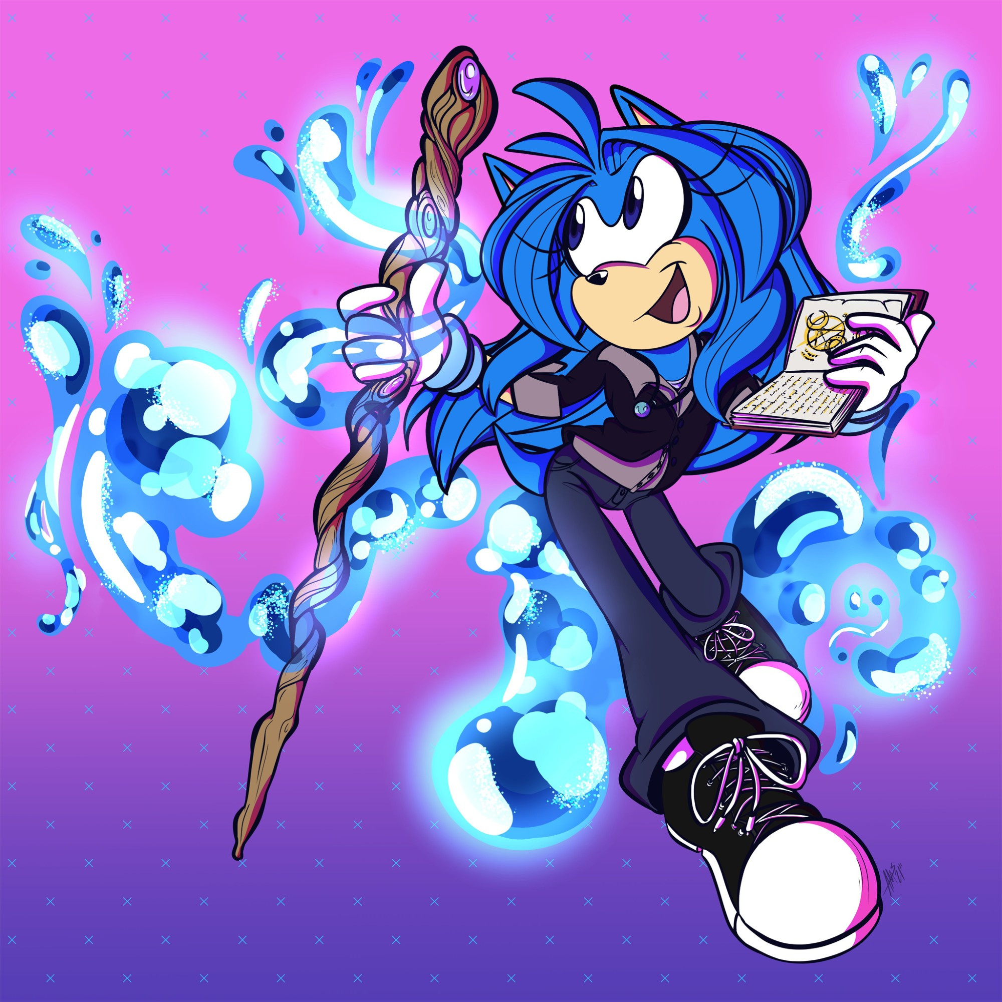 Fullbody art of Izumi, the Original, from ArtsyMandy. (https://twitter.com/ArtsyMandy)

She is practicing with her staff, manipulating multiple bodies of water at once. Her status as "Spiritbearer of the Sea" makes this a little more intuitive for her, but there's no replacement for experience.