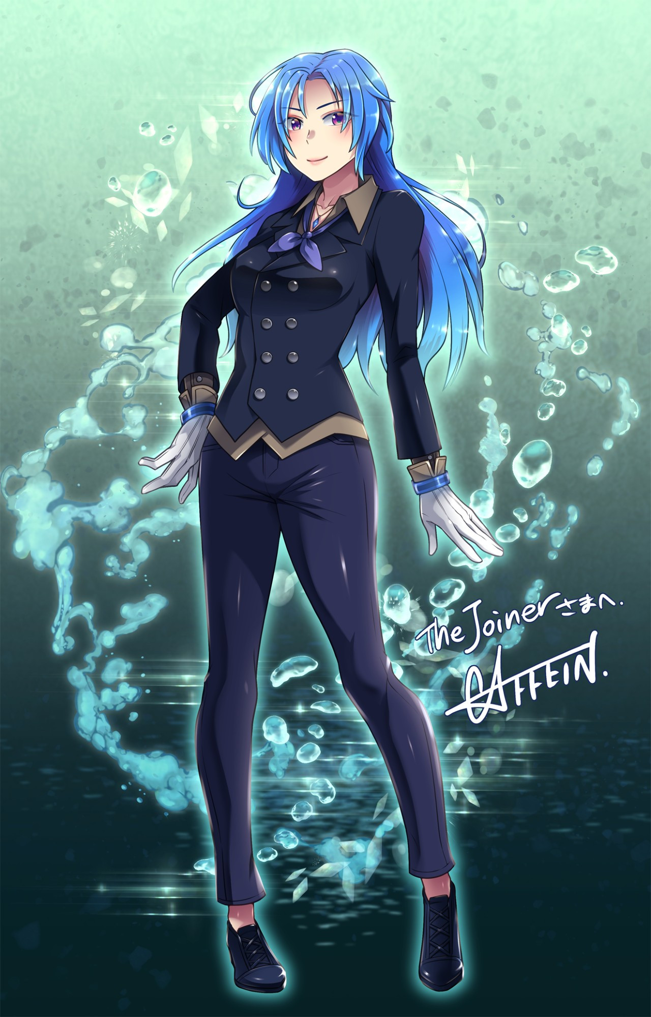 A fullbody portrait of the current Izumi, courtesy of CAFFEIN. (https://bsky.app/profile/caffein89.bsky.social)

Izumi stands against a sea-green gradient background filled with bubbles, wearing her usual librarian's garb. 