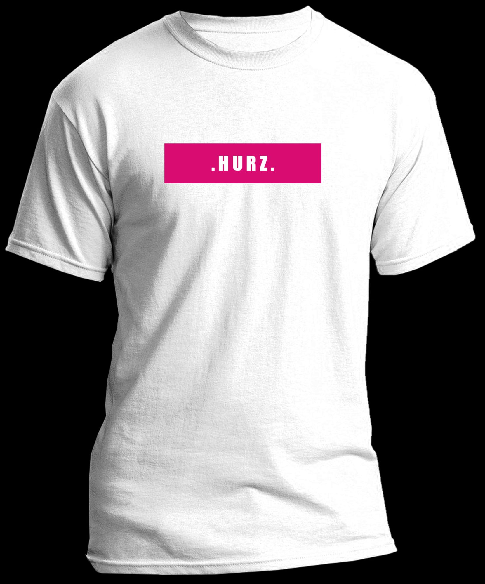 Ein weißes Tshirt mit einem pinkfarbigen Rechteck und darauf Text: “. H U R Z .”.