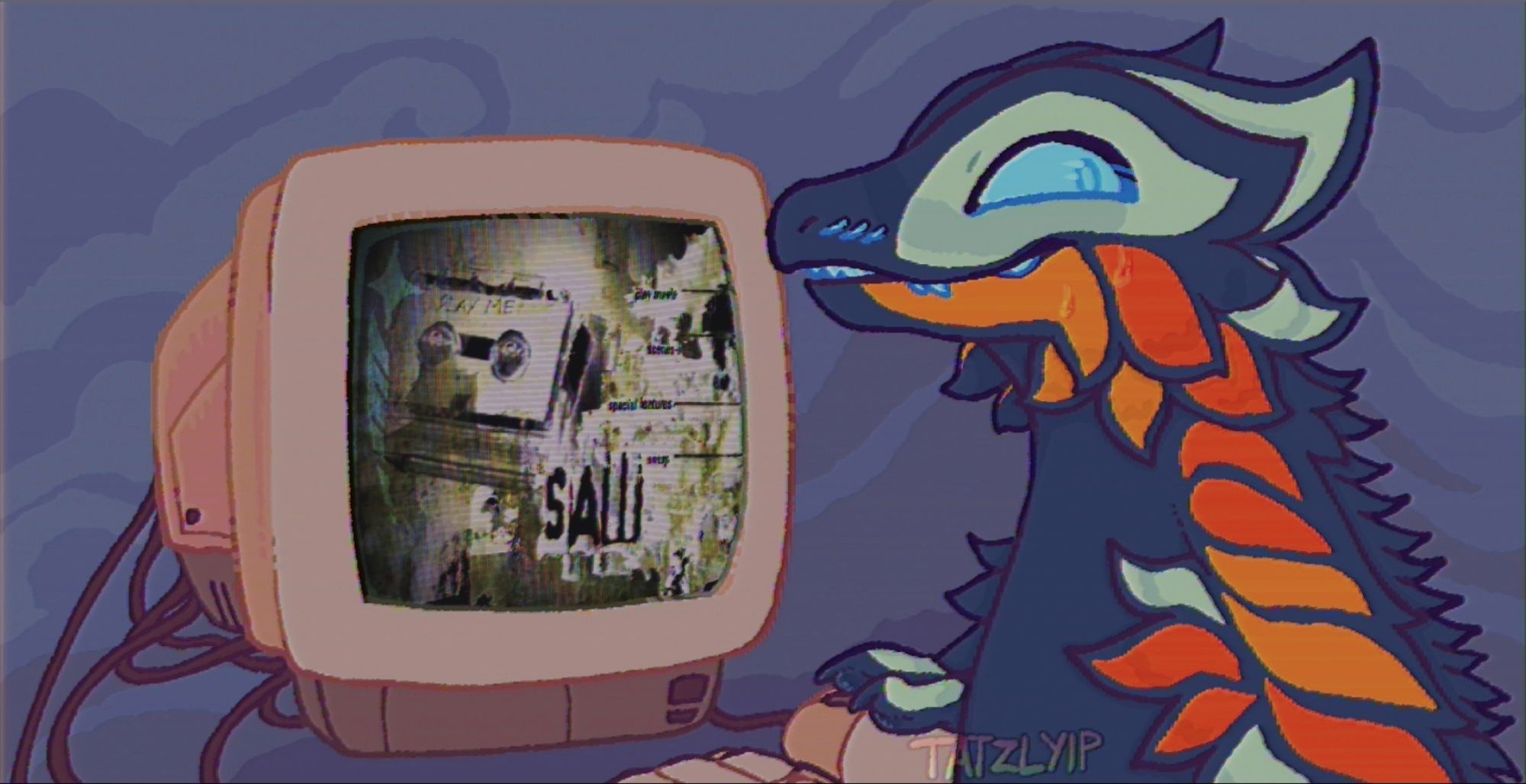 An older computer monitor with a title screen of the original "SAW" 2004 movie is on a blue background. A lizard with dark blue, light and reddish orange, and white scales is on this computer, looking away nervously.