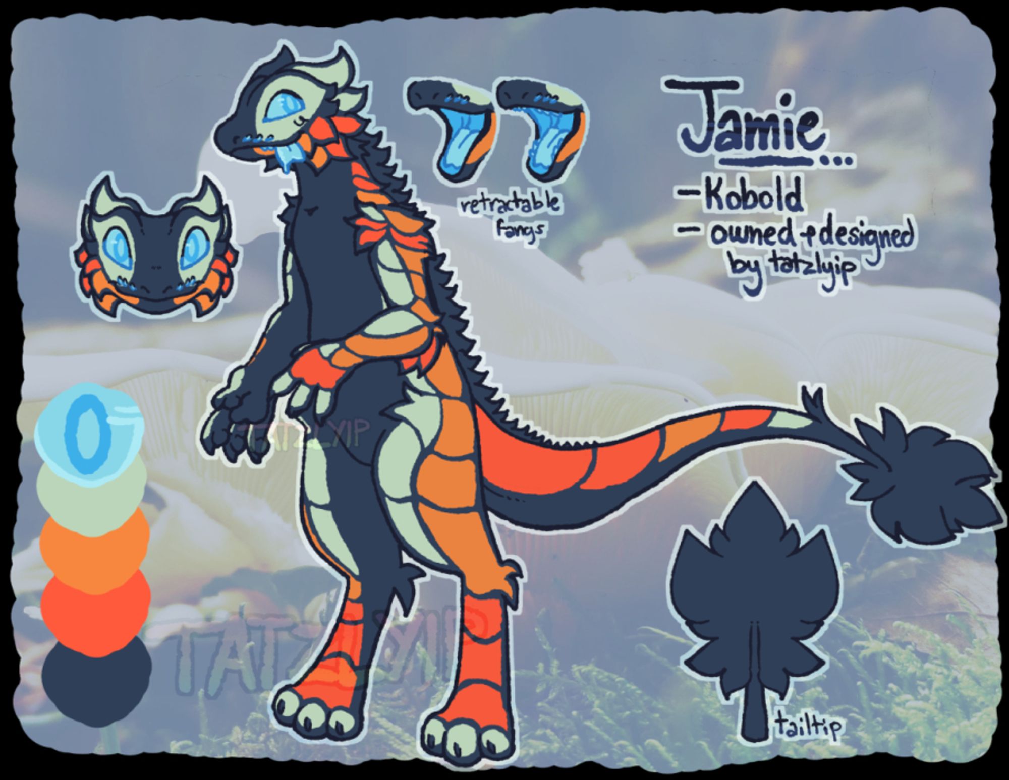 A reference of a reptilian kobold with black, red, orange and white scales and blue eyes.