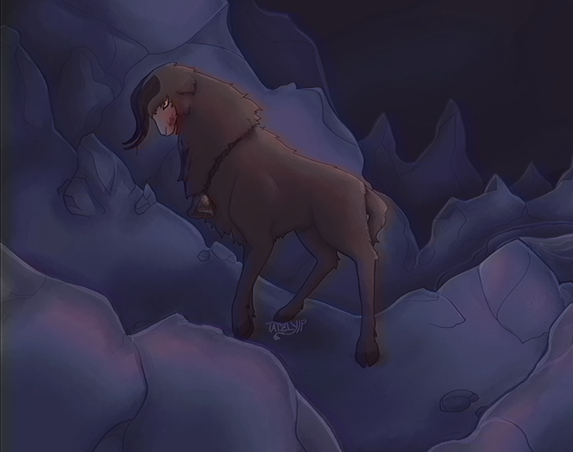 A digital illustration of Chirin from Ringing Bell, a ram with dark gray wool, pointy forward-facing horns, and a cracked bell around his neck. He is on a dark mountain at night, he is broody with his head lowered, with barely-visible blood on his cheek and dripping off of his horns.