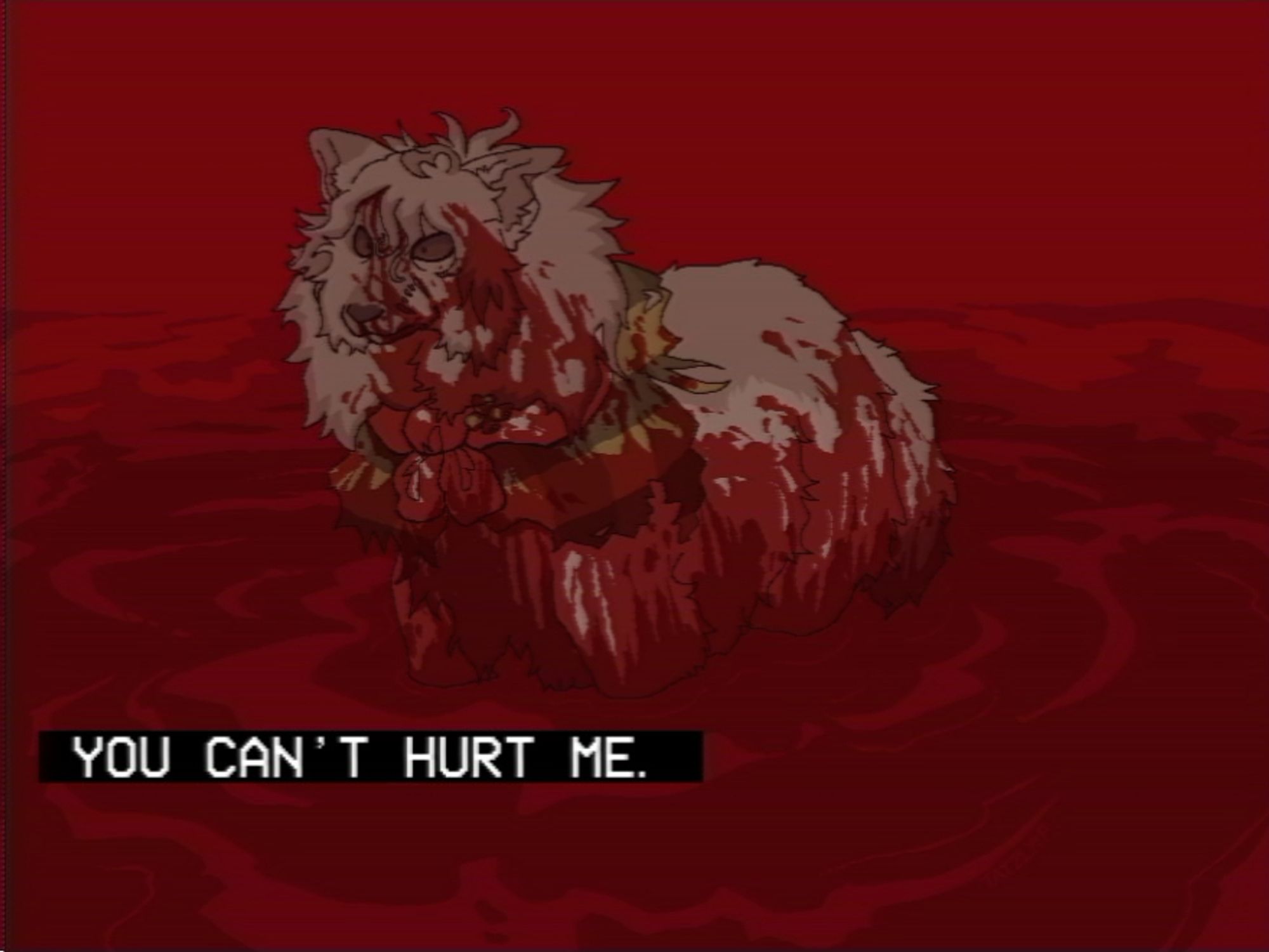 A VCR screencap style image of a gray wolf, ina, covered in blood. Ina is standing in a leg-deep sea of blood, which appears to be endless with a red sky. The CC displays "YOU CAN'T HURT ME."