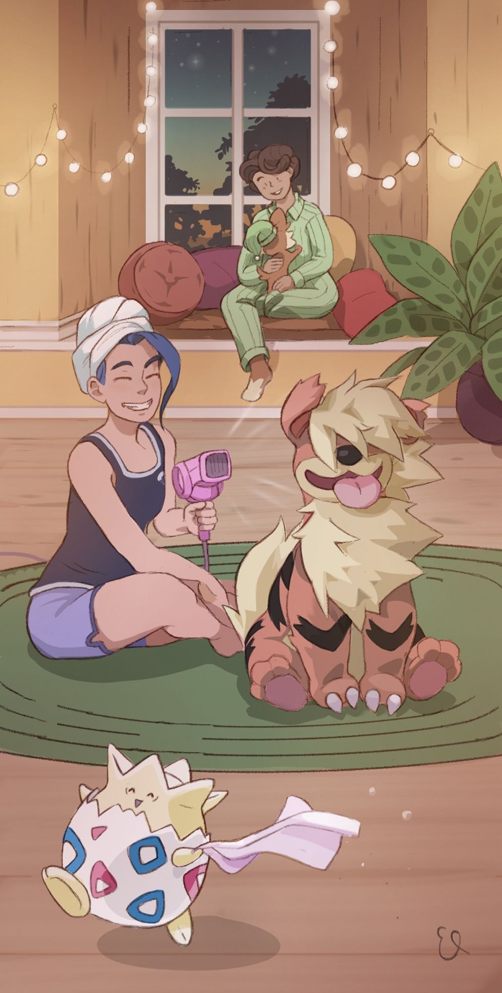 fanart of the characters from the PWTunited podcast. trainers are winding down for the evening and taking care of their pokemon