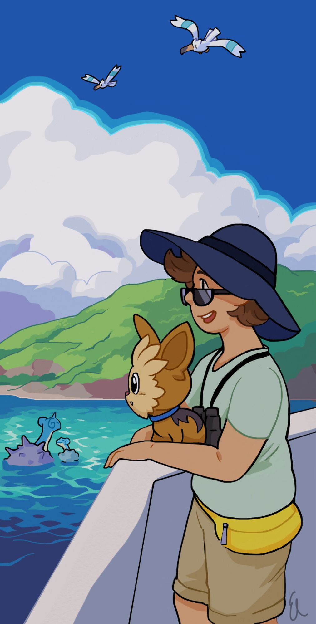 fanart of the character Victor from the PWTunited podcast. Victor and his lillipup are standing on the deck of a ferry, looking across the ocean