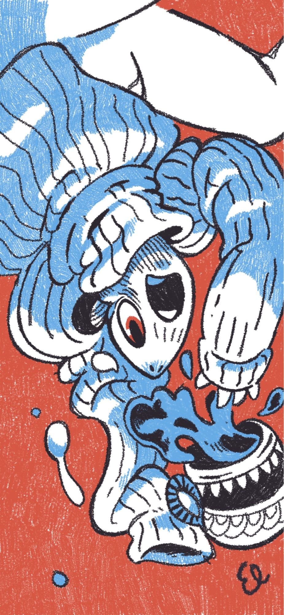 drawing in blue and red showing an anthropomorphic mouse wearing a huge sweater. He is upside down midday, a ceramic cup is floating out of his grasp, tea spilling out of the mug.