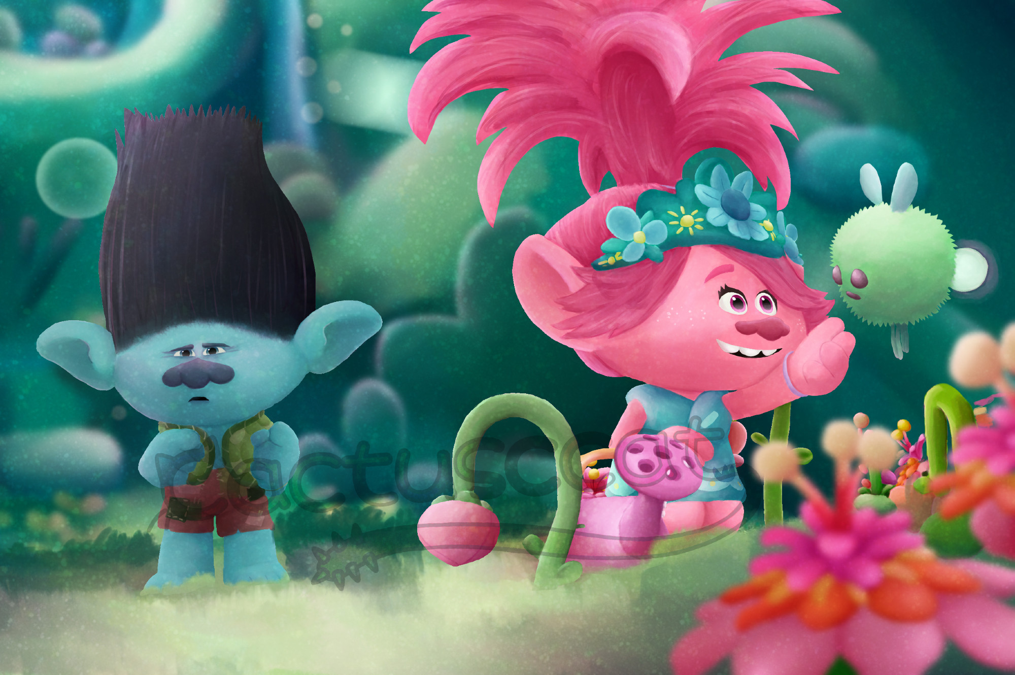 A digitally painted study of Branch and Poppy from the Trolls World Tour movie. Branch is a blue troll with dark hair on the left, in the middle of saying something. Poppy is a bright pink troll with pink hair kneeling on the right, a happy expression as she reaches toward a firefly type bug.