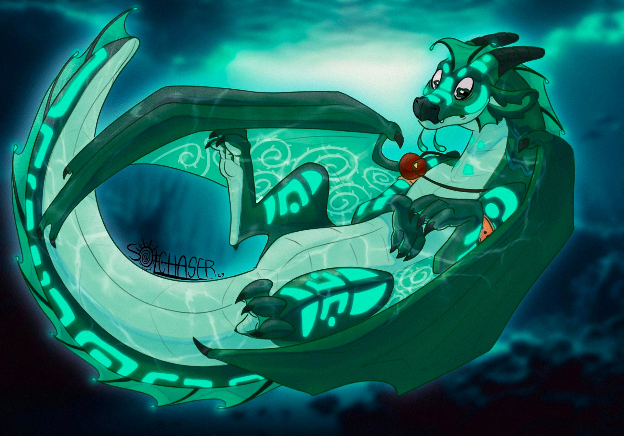 Turtle from Wings of Fire, a green dragon floating underwater, he has a nervous expression on his face. He has a pouch around his neck and a gold arm band