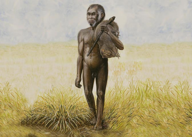 A male Homo floresiensis carrying the rewards of his hunt