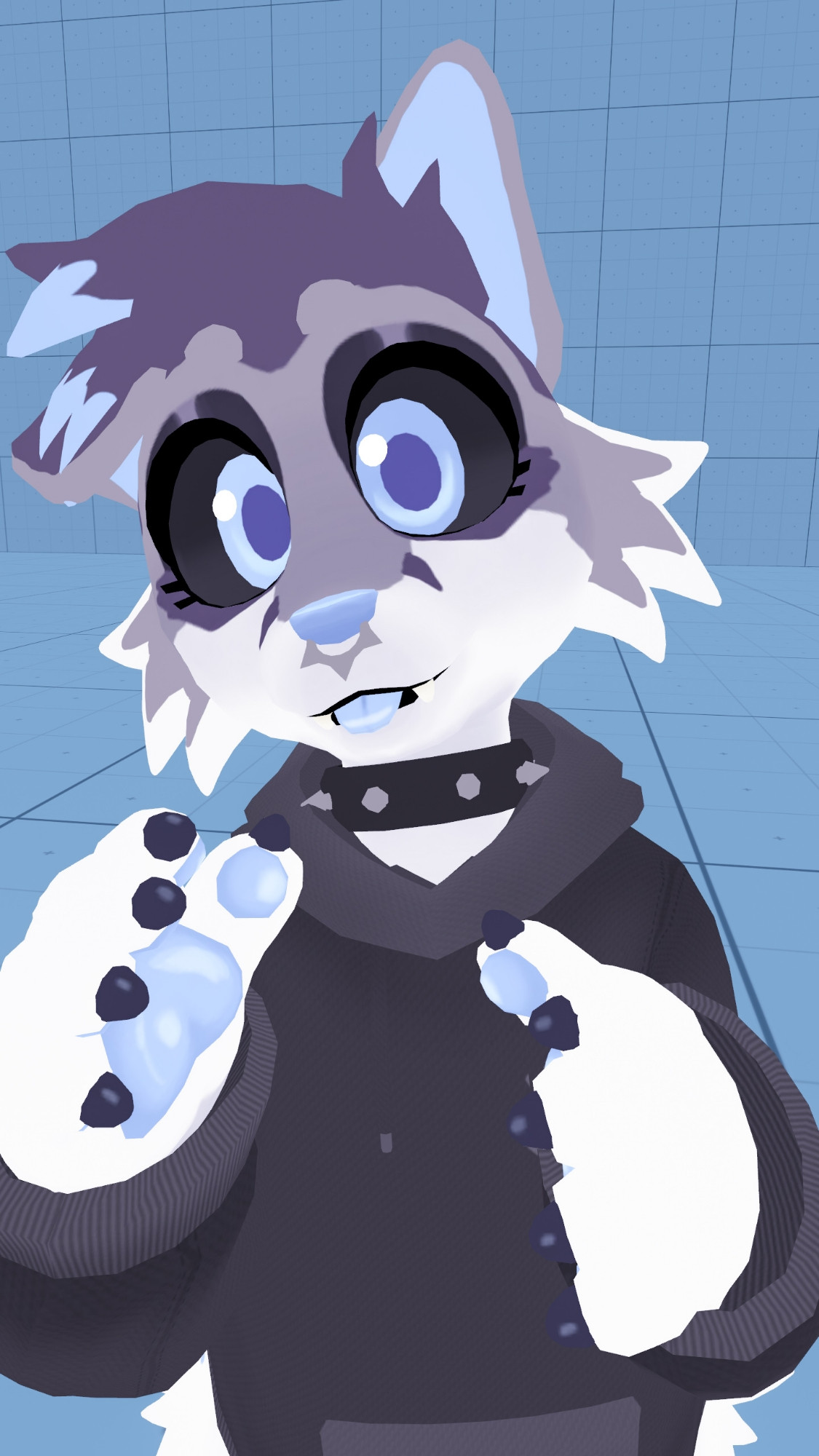 a vrchat photo of a white, grey, and blue chibi canine character. they have a spiked collar and a black hoodie.