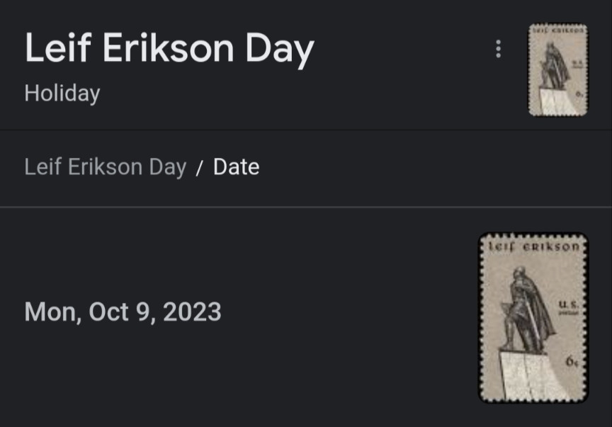 A screenshot of when Leif Erickson Day is: October 9th 2023