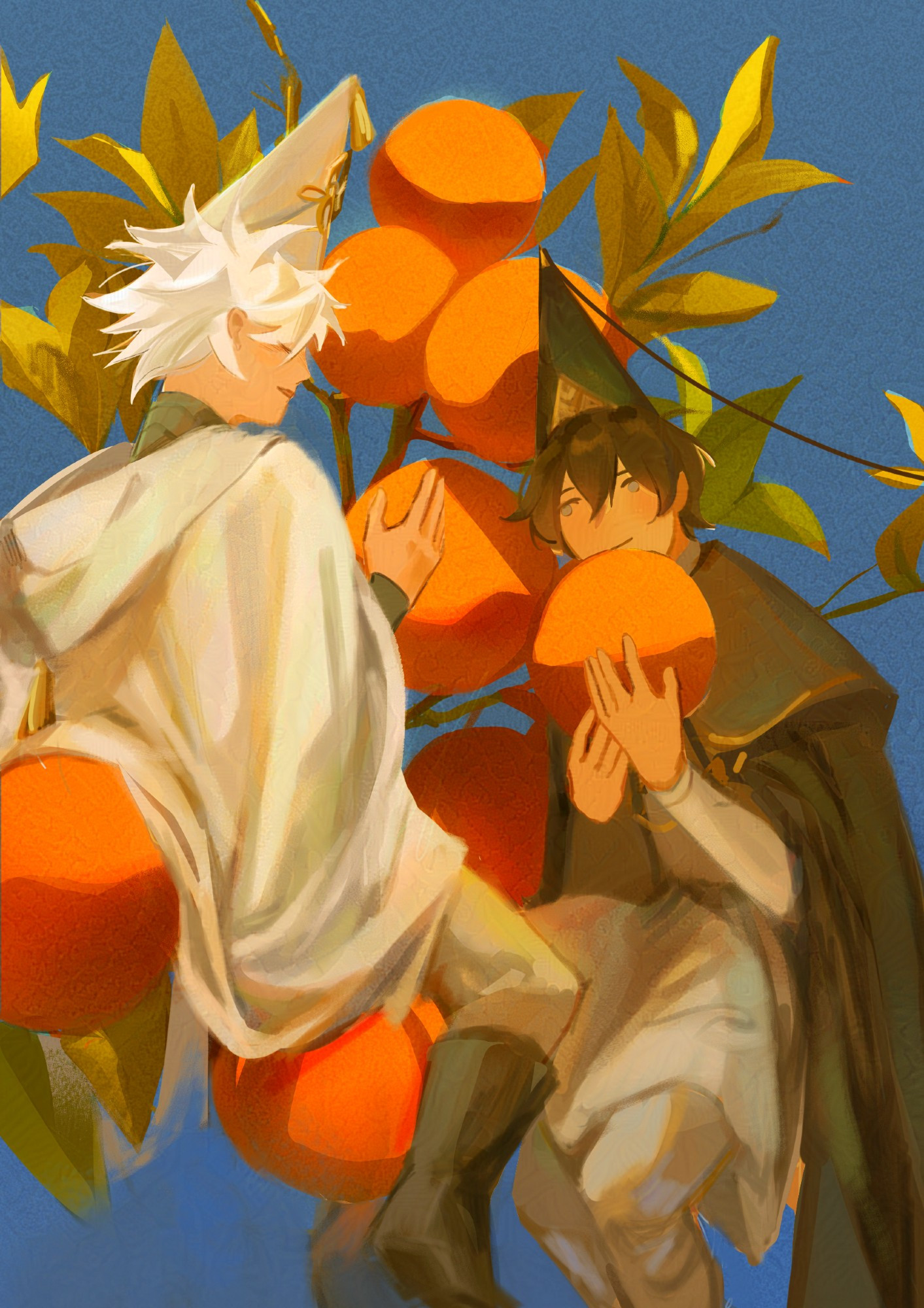 An illustration of Olruggio and Qifrey from the manga Witch Hat Atelier as children. They are perched atop giant oranges, conversing with each other tenderly. 