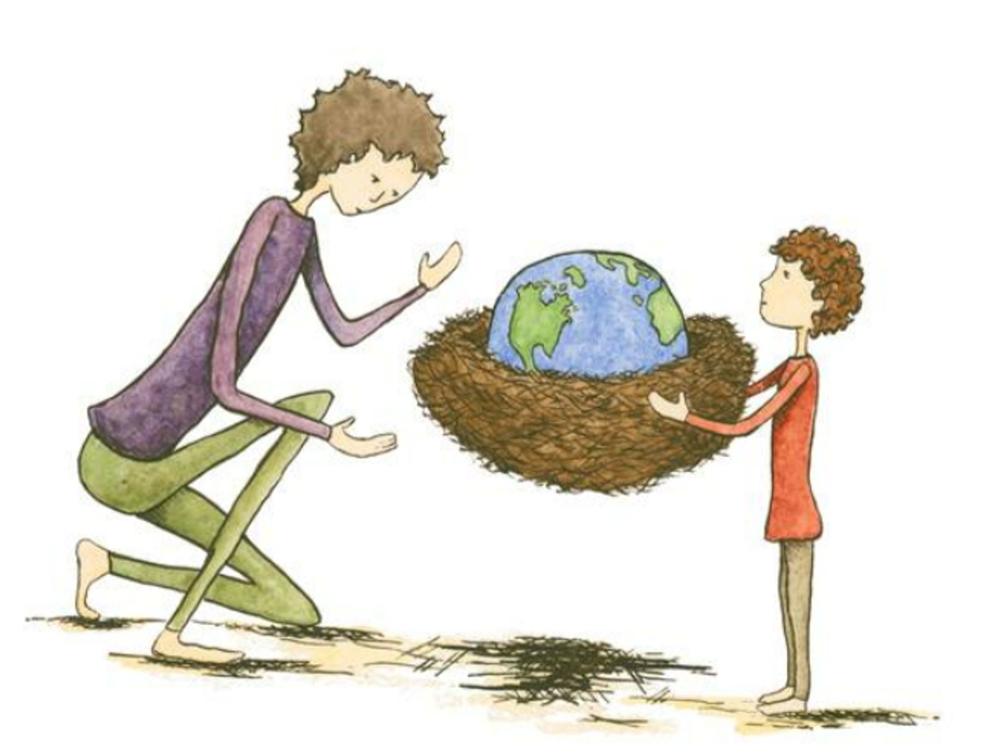 Drawing of a lady wearing a purple top and green trousers, kneeling down ready to receive a nest, holding a large round object that is like the earth. This is being held/ given to the lady by a younger person, wearing a red long-sleeved top and brown trousers.