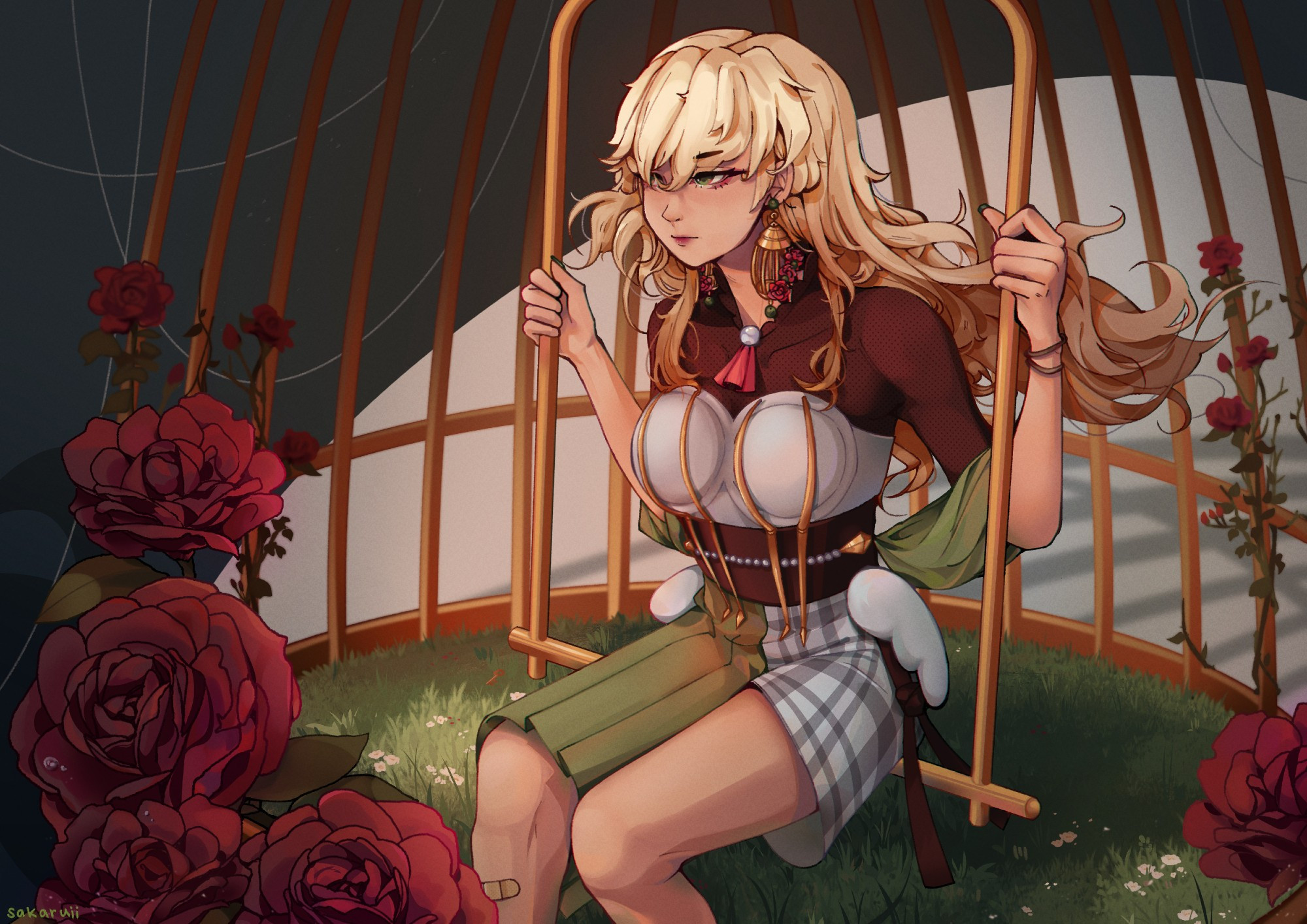 illustration of a blond woman swinging inside a birdcage that is covered in roses.