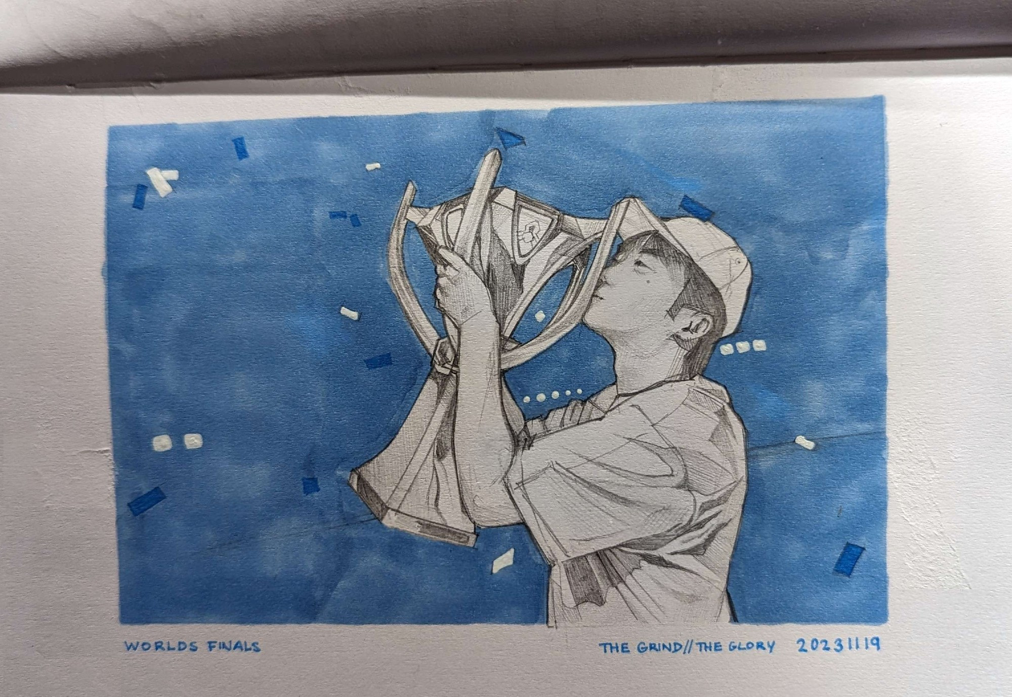 Pencil drawing of pro League of Legends player Keria holding and kissing the Worlds trophy after their victory.