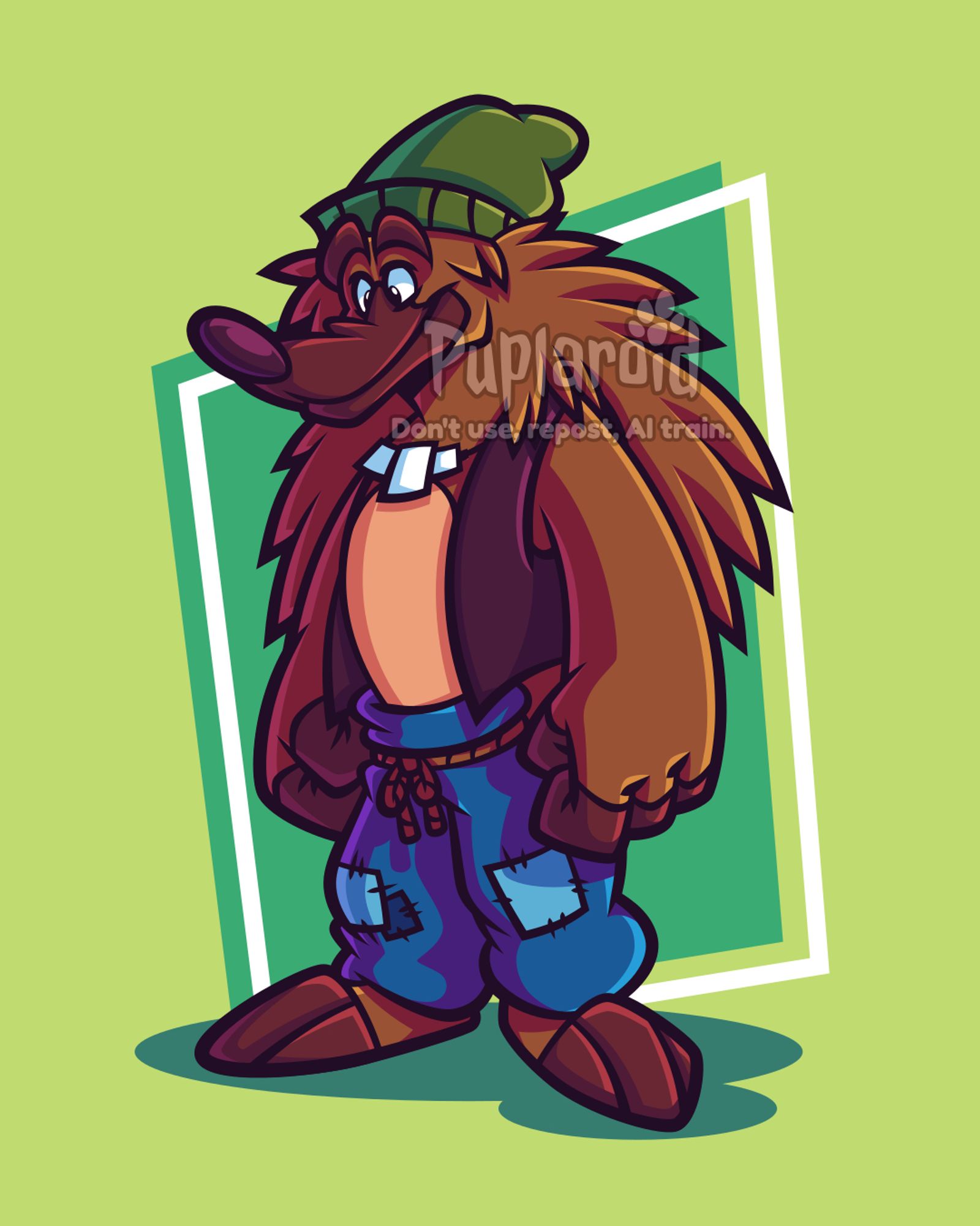 Digital vector artwork of a cartoony short-beaked echidna character. He's smiling in a cute, dorky way. He's wearing old patched clothes to keep his old/vintage clumsy cartoon vibes.