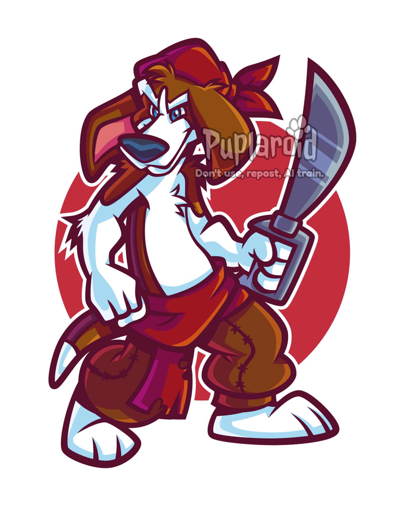 Digital vector artwork of a pirate Beagle dog. He's holding a sword on his left hand. He is standing in a fierce pose, smirking.