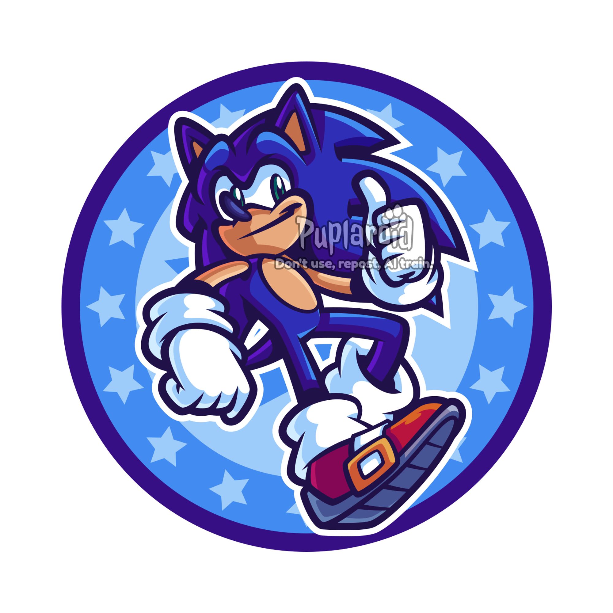 Digital vector sticker design of Sonic the Hedgehog. He's smiling, giving a thumbsup while landing mid-air. Behind him there's a background composed of circles and stars with multiples hues and shades of blue.