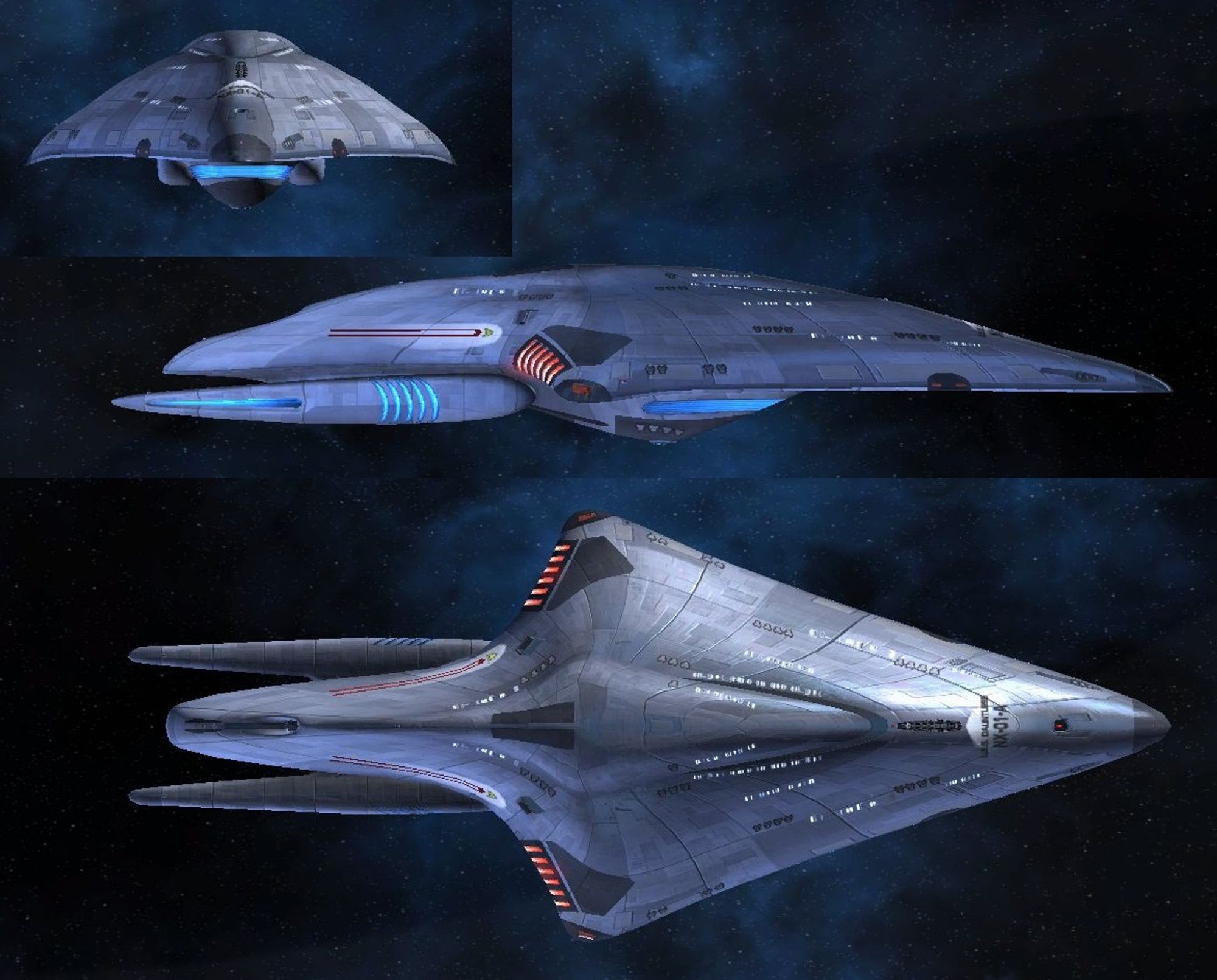 Front, side and top views of the USS Dauntless from the Voyager episode “Hope and Fear”. From the top it’s got a sort of arrowhead shape, while from the side the entire top hull is one long gentle curve