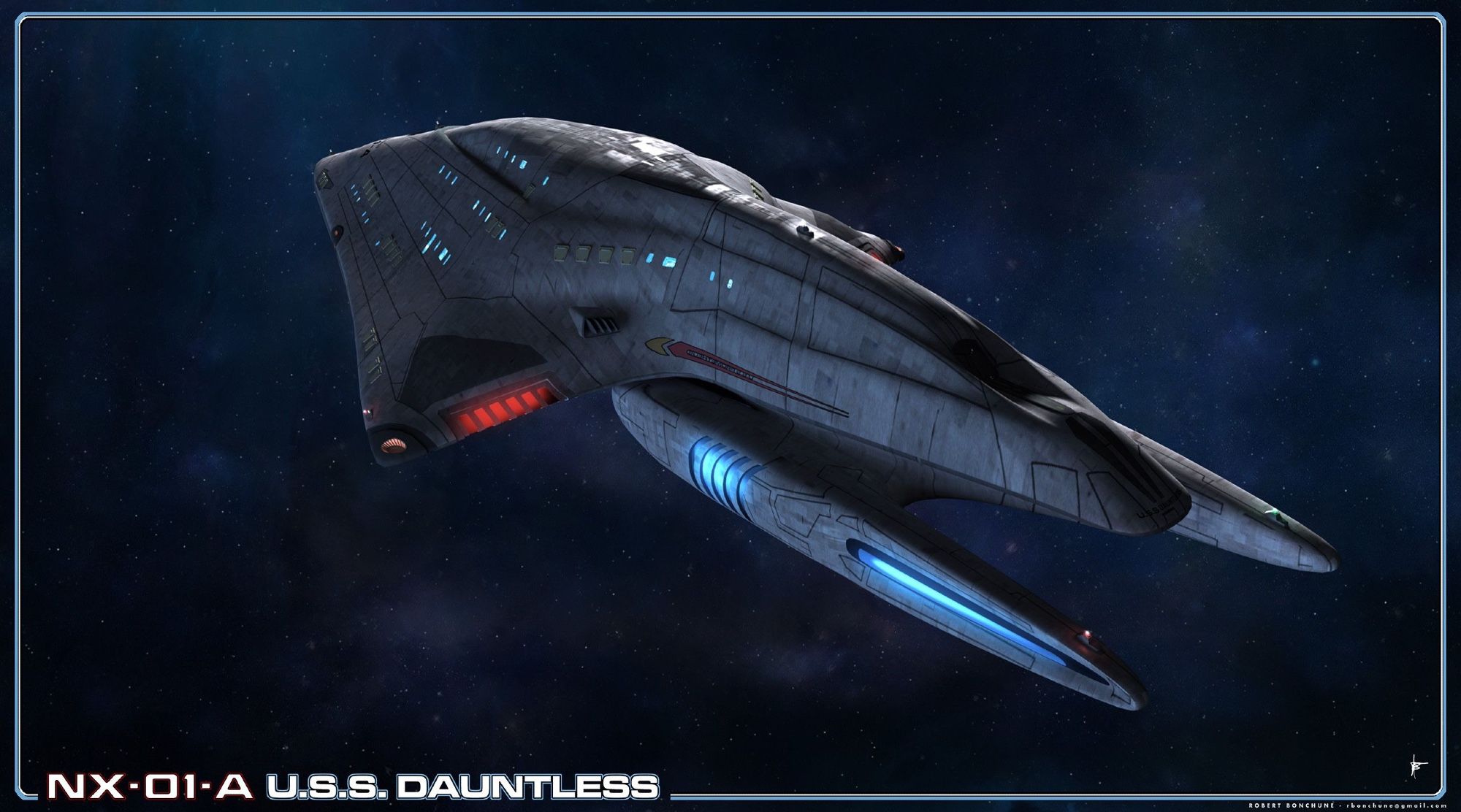 The original Dauntless, showing in profile view from behind highlighting the sleek continuous curved hull. It feels like a futuristic sports car just waiting to jet off at high speed.