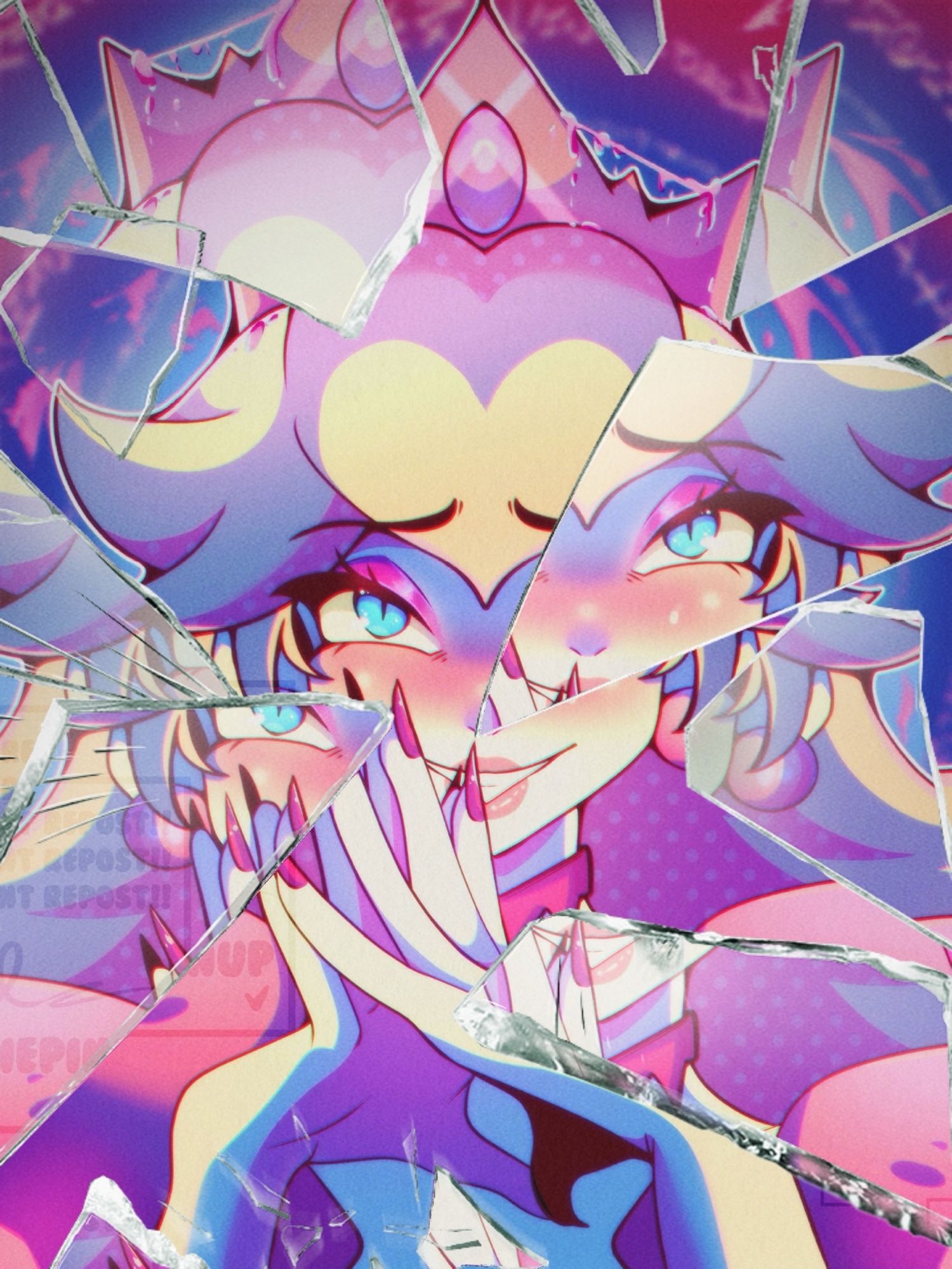 Evil princess peach staring directly with her hands clasped, and shattered glass distorts her image