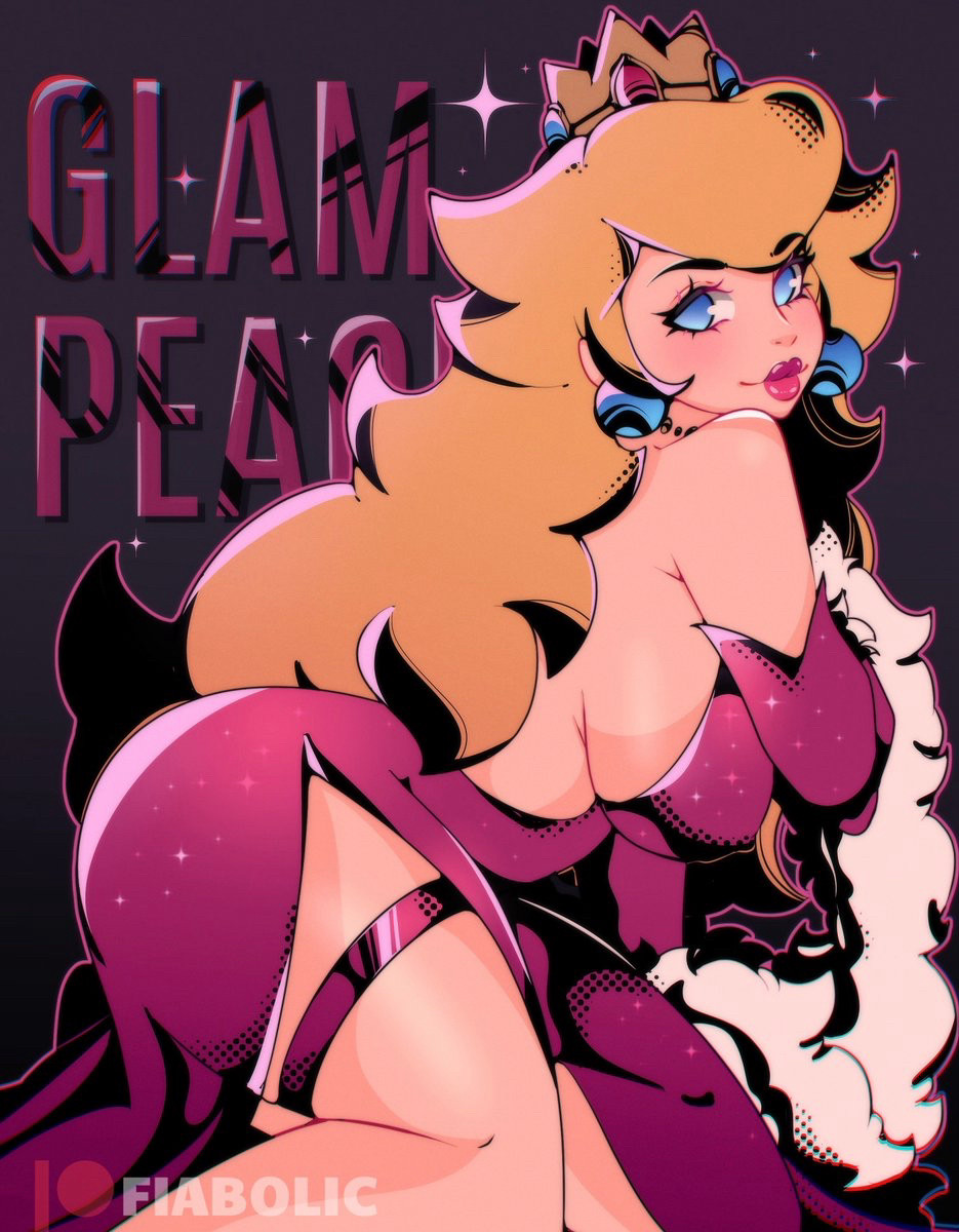 Illustration of princess peach wearing a pink long gown with a slit and boa over her arm 