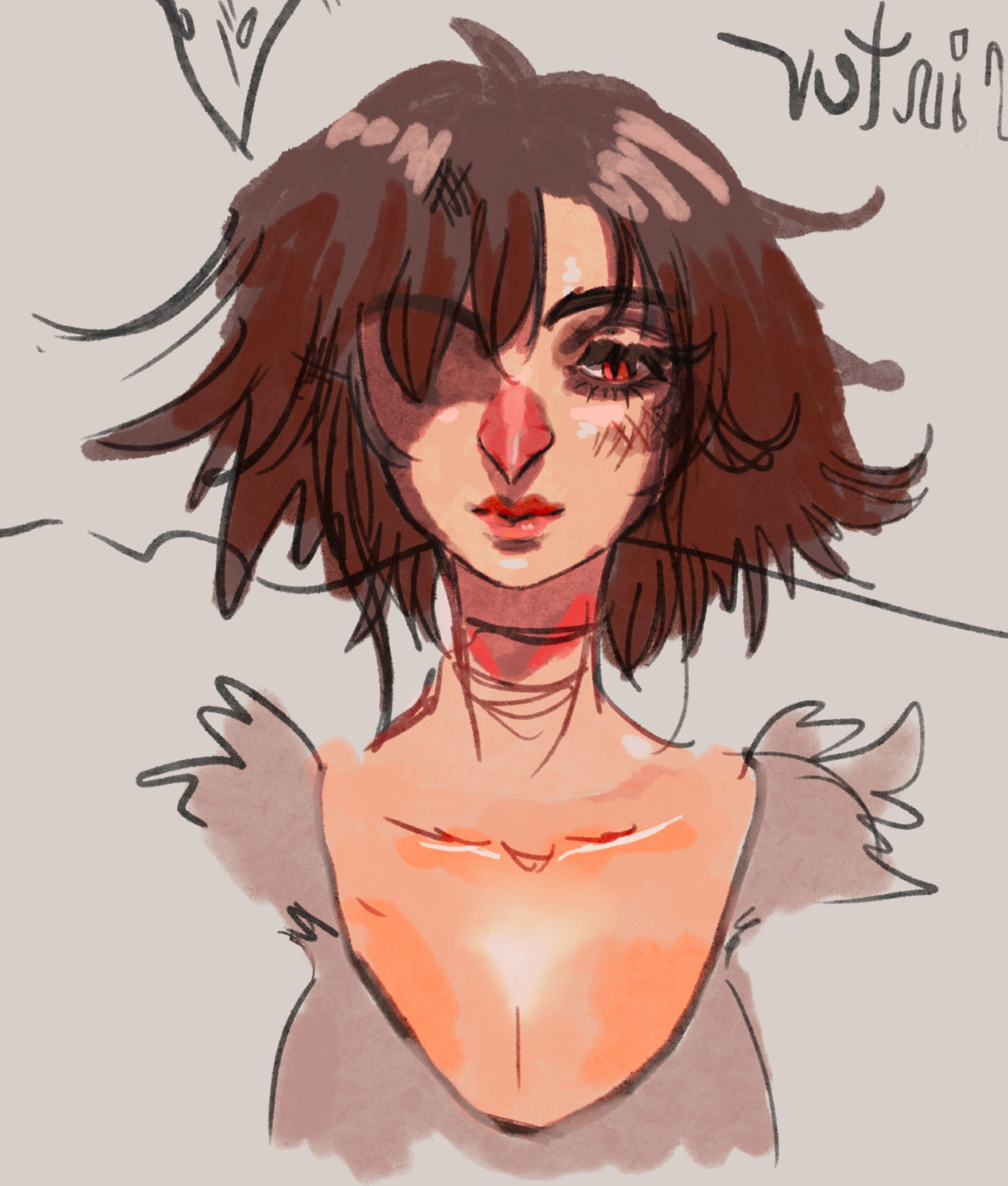 Sketch of a pointy nose lady. She has choppy short chestnut colored hair.
