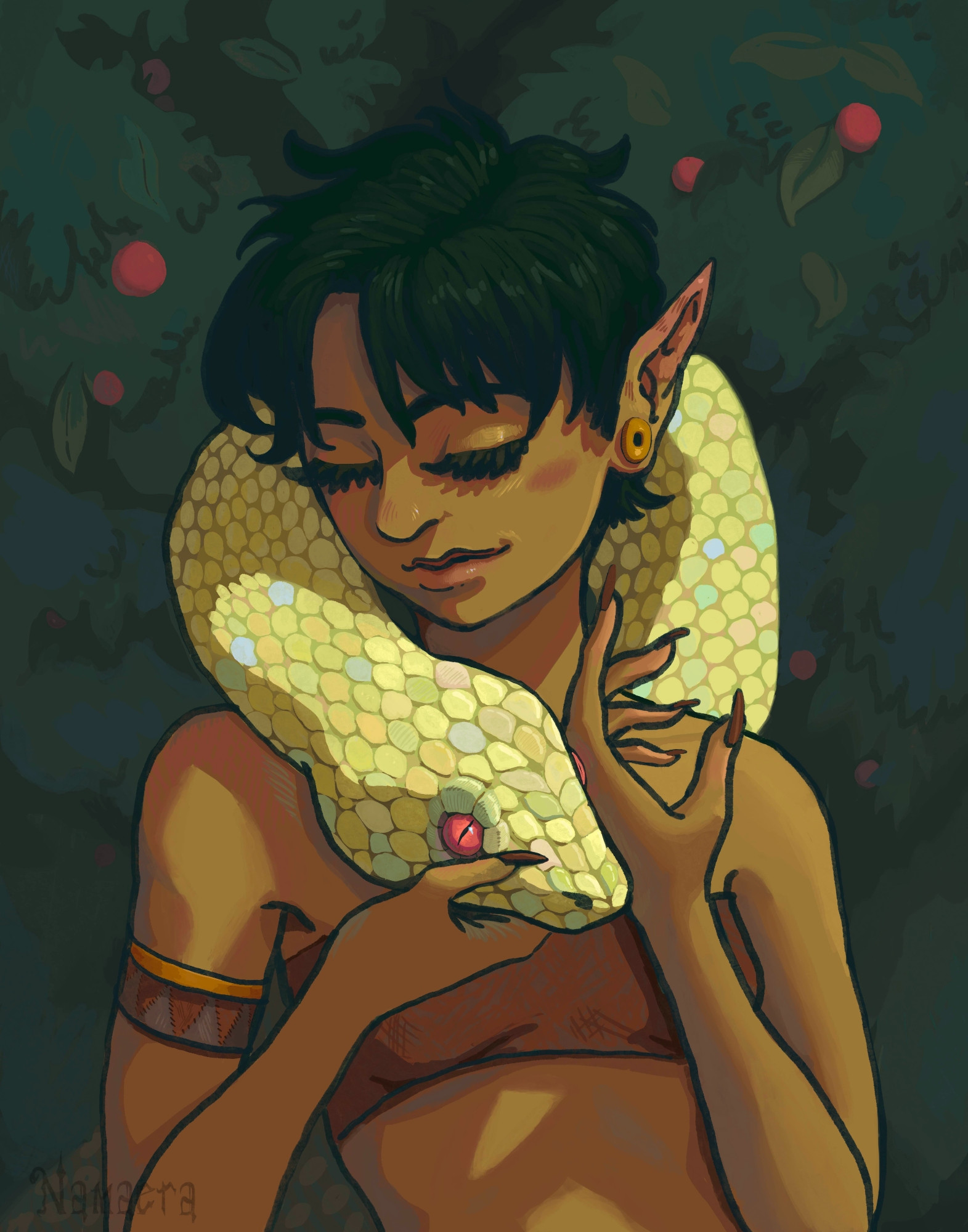 An elven lady holding a yellow snake, a sign of pride and strength as well as cunning.