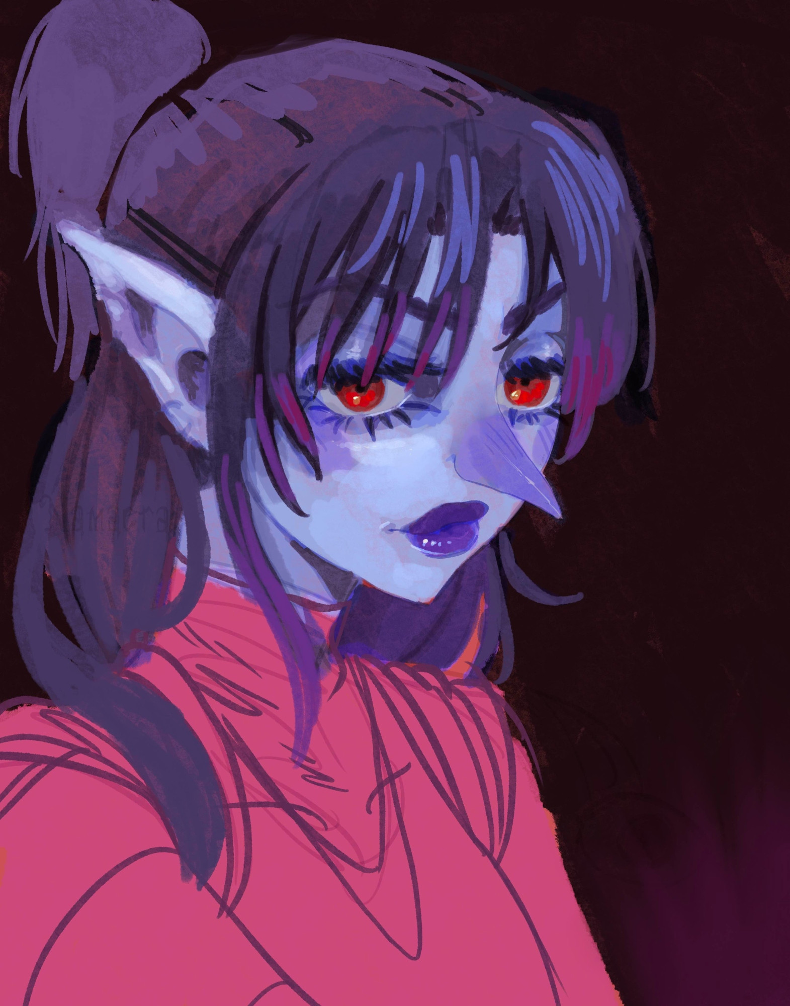 Colored sketch of a goblin lady. She has pale blue/purple skin and purple hair.