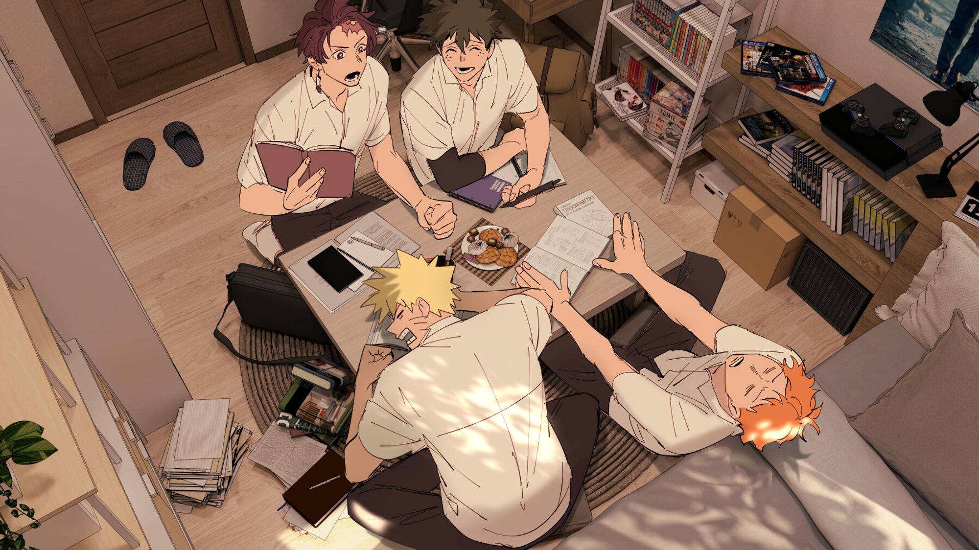 This picture depicts four characters from Shonen Jump Manga, Naruto, Hinata, Tanjiro, Midoriya as high school students in modern AU studying for their exam together. Tanjiro is scolding at Naruto and Hinata for slacking off while Midoriya is laughing softly, telling all of them to take it easy.