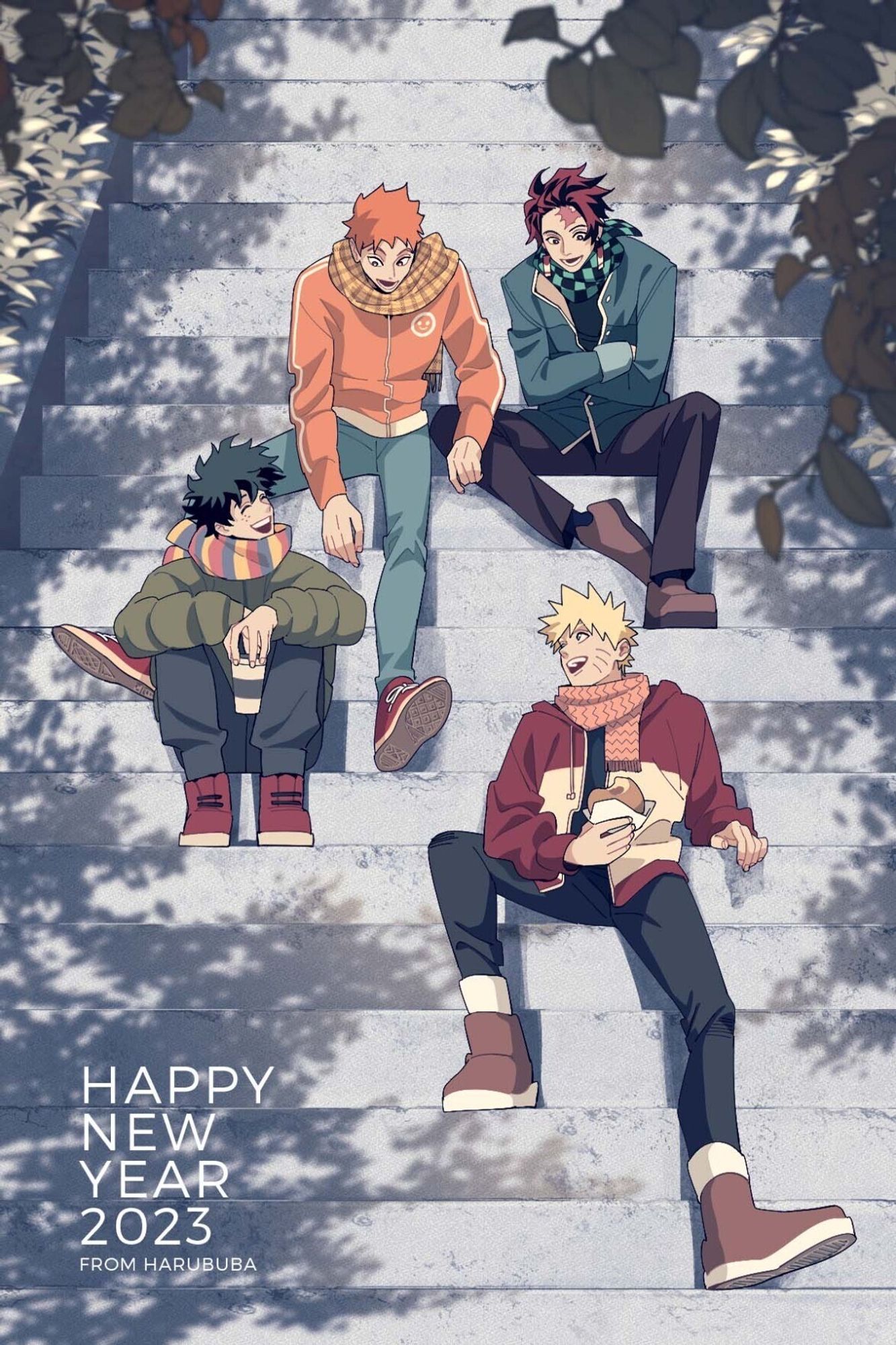 This picture depicts four characters from Shonen Jump Manga, Naruto, Hinata, Tanjiro, Midoriya as high school students in modern AU. They are wearing their casual outfits, sitting on the stairs step, chit-chatting lively after they come down from the shrine that they went for New Year festival.