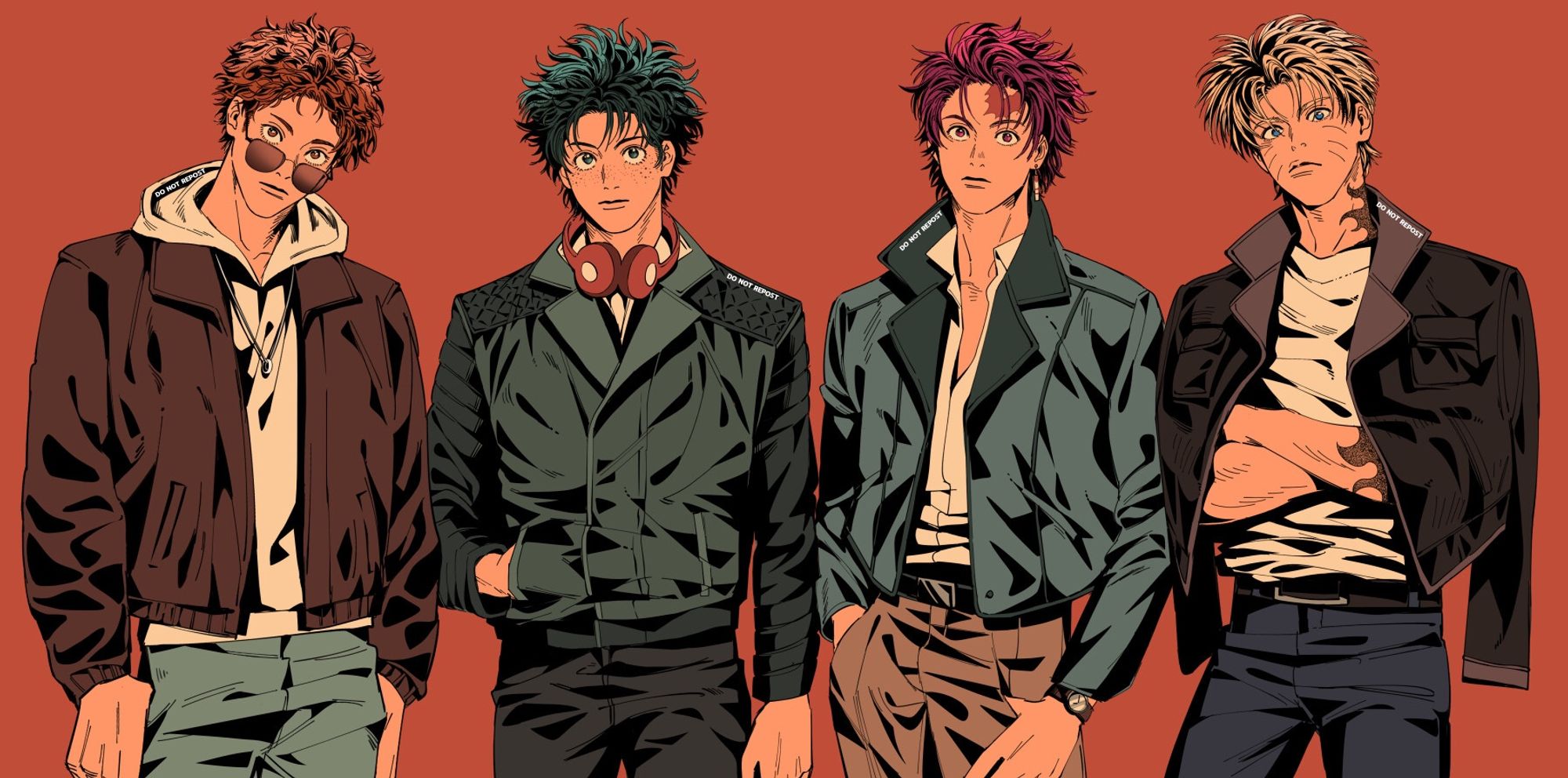 This picture depicts four characters from Shonen Jump Manga, Naruto, Hinata, Tanjiro, Midoriya in a fashionable outfits. All of them posing like model in a fashion magazine.