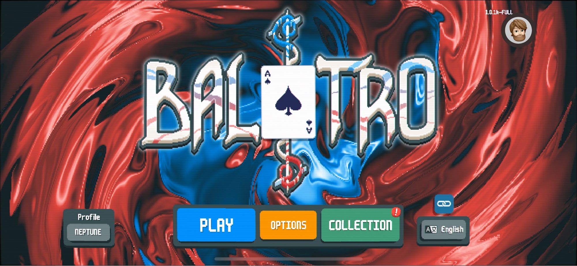 Main menu of Balatro on mobile.