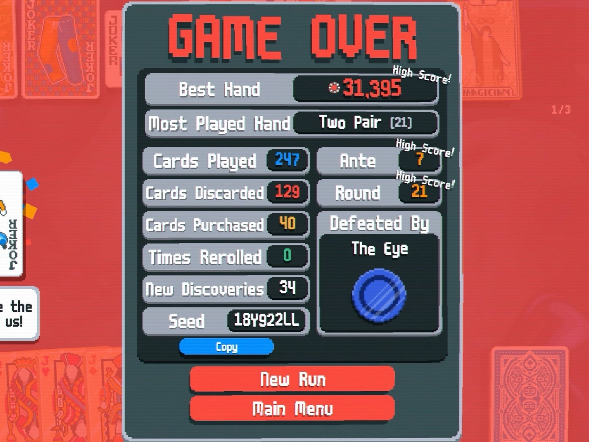 Game Over screen for Balatro on mobile.